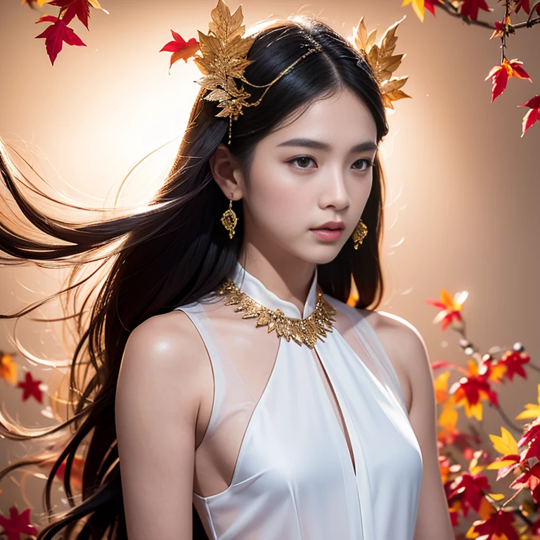 32K autumn views（tmasterpiece，k hd，hyper HD，32K）Long flowing black hair，ponds，zydink， a color， Autumn （ nipple）， （Blue and white silk scarf）， Combat posture， looking at the ground， long whitr hair， Floating hair， Carp pattern headdress， naked body，small breasts, brownpink nipples （Abstract gouache splash：1.2）， Pink petal background，Pink and white autumn sunset leaves flying（realisticlying：1.4），Black color haillen leaves flutter，The background is pure， A high resolution， the detail， RAW photogr， Sharp Re， Nikon D850 Film Stock Photo by Jefferies Lee 4 Kodak Portra 400 Camera F1.6 shots, Rich colors, ultra-realistic vivid textures, Dramatic lighting, Unreal Engine Art Station Trend, cinestir 800，Long flowing black hair，see-through transparent clothes