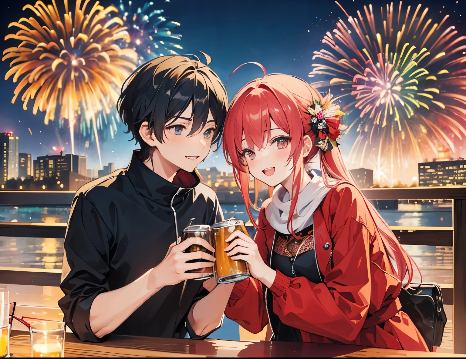 A couple (1male, 1female), new year, fireworks, building, holding can of beer, laugh, romantic atmosphere, happy atmosphere, landscape