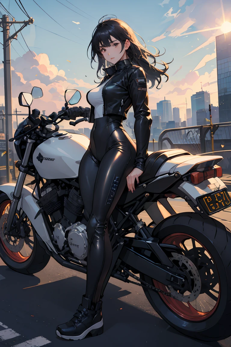 Beautiful and sexy woman in black leather full body suit, a woman riding a large motorcycle, long brown curly hair, hair blowing in the wind, red lipstick, Fujiko Mine from the anime Lupin III, Fujiko Mine, slender figure and beautiful bell-shaped breasts, high heeled black boots, Gotham City at night,