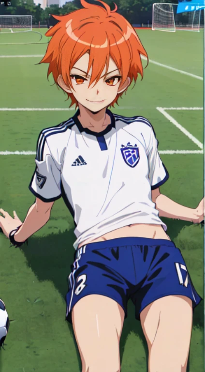 Official art,anime screen cap、superfine illustration、 hight resolution, masutepiece, best qualtiy,Best Quality,hightquality, detaileds,  (A ),12 years oace striker male idol with a super cute face,A boy as beautiful as Planding, Cool handsome face with smile, soccer spike, Long legs, thighs thighs thighs thighs, Foots, Bulge, (Orange hair、Short,spiky hair:1.2)、 Shiny hair,  (Tight shiny soccer uniform style bikini), (tight soccer shorts),  tussock, Cool pose, (厚いthighs thighs thighs thighs、Seduce your big ass to your crotch、(((soccer field in the park)))、((cocky、))、Smirk、Spread legs,Ultra-fine painting, (Best Quality, 4K, 8K, hight resolution, masutepiece:1.2),(((Being aware of the sexual gaze of middle-aged gay men))).、service shot to the leg、