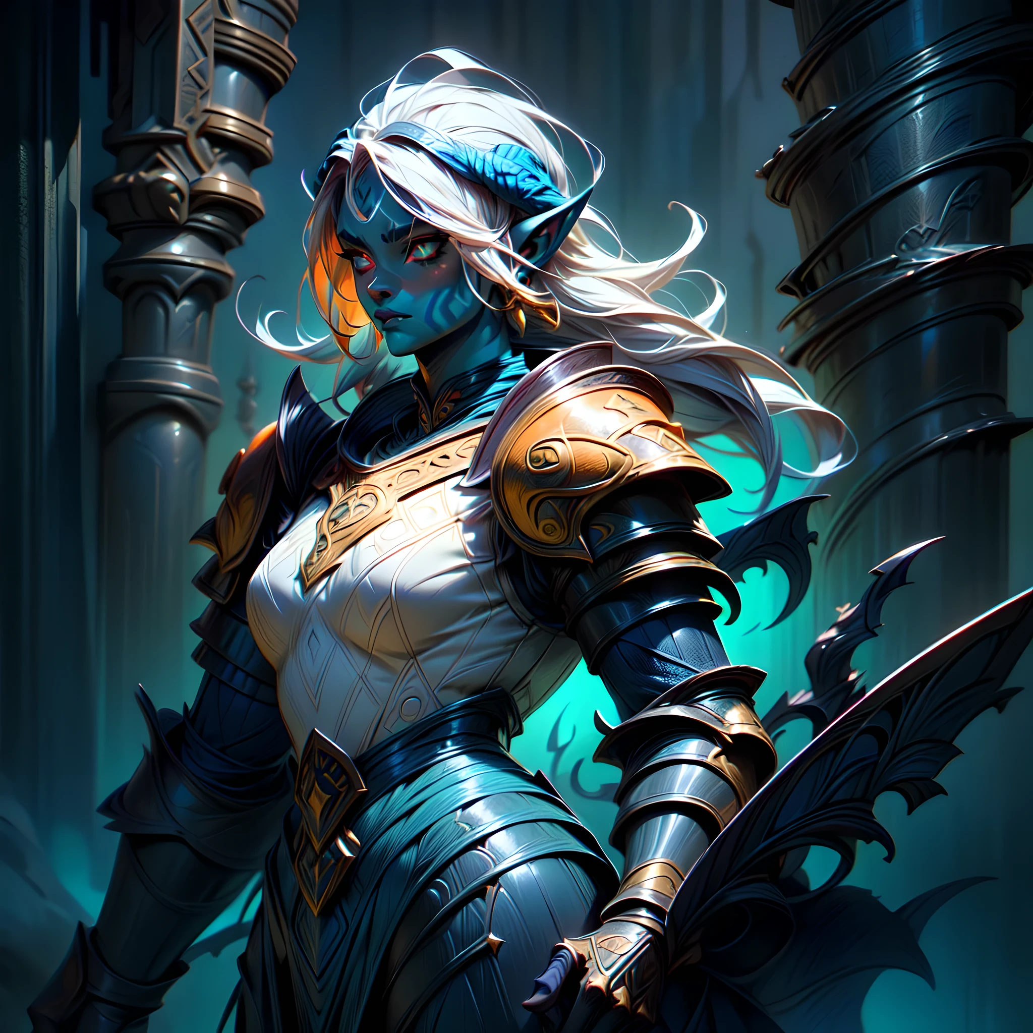 fantasy art, dnd art, RPG art, wide shot, (masterpiece: 1.4) portrait, intense details, highly detailed, photorealistic, best quality, highres, portrait a vedalken female (fantasy art, Masterpiece, best quality: 1.3) ((dark blue skin: 1.5)), intense details facial details, exquisite beauty, (fantasy art, Masterpiece, best quality) cleric, (blue colored skin: 1.5) 1person blue_skin, blue skinned female, (white hair: 1.3), long hair, intense green eye, (fantasy art, Masterpiece, best quality) ((no ears: 1.6)), armed a fiery sword red fire, wearing heavy (white: 1.3) half plate mail armor CM-Beautiful_armor wearing high heeled laced boots, wearing an(orange :1.3) cloak, wearing glowing holy symbol GlowingRunes_yellow, within fantasy temple background, reflection light, high details, best quality, 16k, [ultra detailed], masterpiece, best quality, (extremely detailed), close up, ultra wide shot, photorealistic, RAW, fantasy art, dnd art, fantasy art, realistic art,