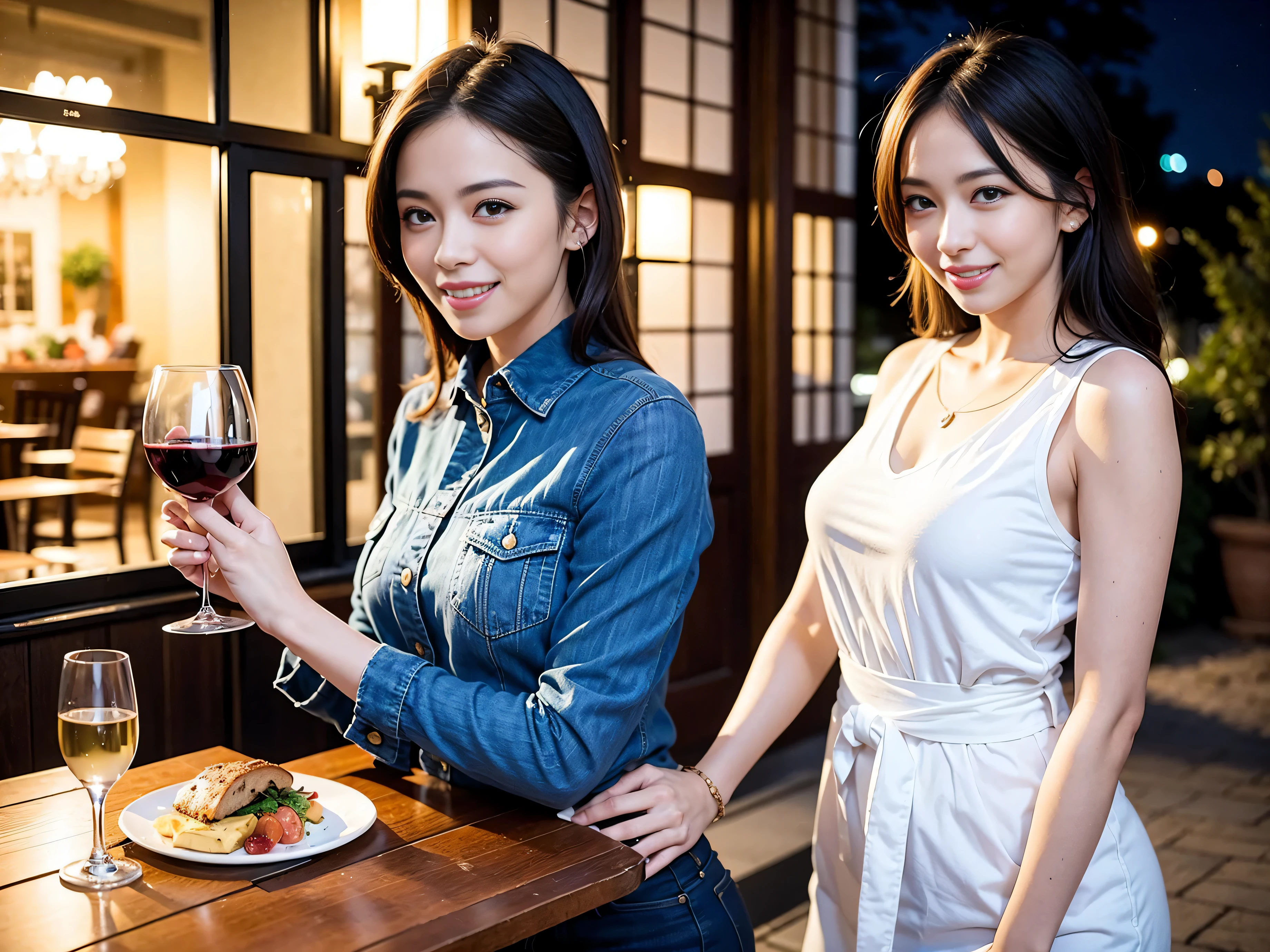 (64k uhd, nffsw, of the highest quality, masutepiece: 1.2), (Realistic, photoRealistic: 1.37), Dutchman、Frenchman、Spaniard、1 pretty woman, (Slim Face), (slimボティ), (Brown hair), (short-cut), cheeks blush a little, (44 years old), 38 years, Solo, A beautiful and detailed night view spreads out outside the window.., restaurant, wine glassesが座っている, At night, Novafrog style in a prominent place, actress, Model, waist-up, white wine, slim, wine glasses, Super Clean Night View, wine glasses Put in the Middle, Happy Smile, (Smile: 1.15), Beautiful fine eyes, Upper body, Bust Japan Up, Night, Short, Short, actress, Model, waist-up, white wine, slim, wine glasses, Super Clean Night View, wine glasses Put in the Middle, Happy Smile,