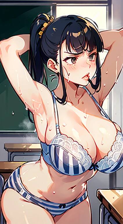 Photo of a malay female with (((big lips))) & (((big mouth))), (((bending over))) in front of classroom, 20yo,slender body, busty body, tall body, faired skin, dimples, light, detailed face, embarrassed face, ((looking disgusted)), ((very angry)), (dissapointed), (scream), ((arms behind head)), Perfect breasts, big breast, natural breasts, G cup, thick lips, (((ponytails with blunt bangs)), (((stripe cotton bra))), (((stripe cotton panties))), (sweat:1.0), (wet)