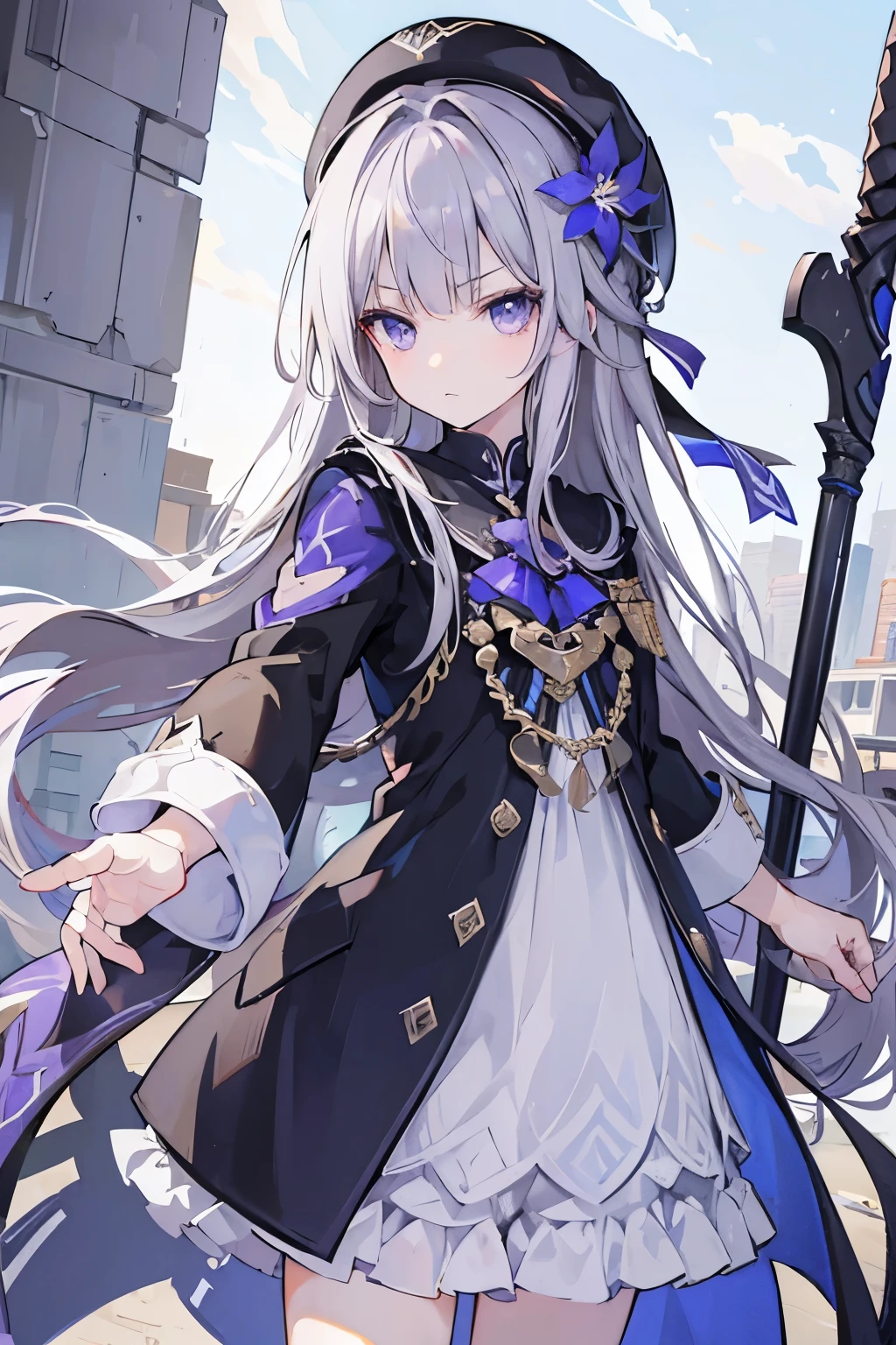 (best quality:1.3), (masterpiece:1.3), (illustration:1.3), (ultra-detailed:1.3), 1girl, solo, very young, flat chest, purple eyes, white hair, long hair, white dress, black coat, black headwear, beret, serious expression, angry expression, looking at viewer, purple flower, hair ornament, short,