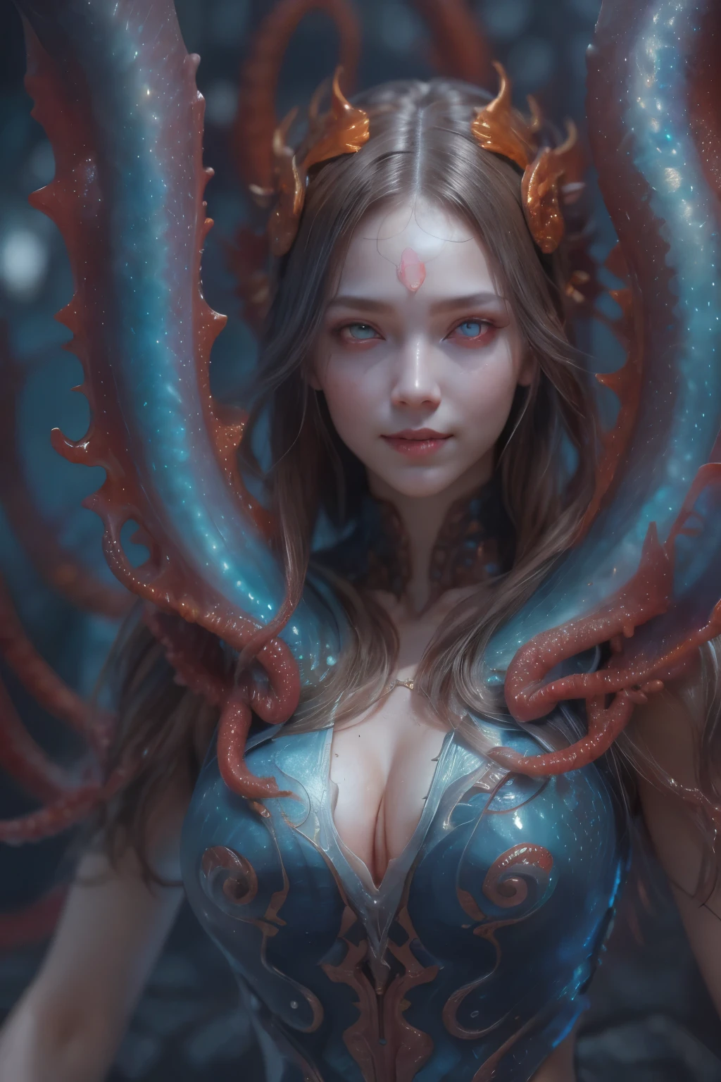 Portrait, (beautiful female alien:1.2), (There is a female genital-like organ in the middle of the forehead:1.8), (The most beautiful face in the history of the universe:1.2), (scarlet eyes:1.6), (Translucent skin:1.8), an evil gaze that seduces , (red eyes:1.5), Full body like, (bio luminescent:1.2), (Smile wickedly:1.3), (sexypose:1.5), alien, No humans, cells are fused, (Lots of translucent tentacles:1.1) (Translucent skin:1.3), extraterrestrial, cell, bio image, 魅惑的, Best Quality, 8K,4K_quality, High Definition, Dramatic Lighting, masutepiece:1.5,cinematic quality, detail up, (Intricate details:1.2), High resolution, High Definition, drawing faithfully, (Thick eyebrows:1.2), Beautiful eyes with fine symmetry, (Ultra detailed eyes:1.2),(Highly detailed face and eyes:1.2), (High-resolution red-eye:1.4), Intimate face, (Super detailed skin quality feeling:1.4), Perfect Anatomy, (Beautiful toned body:1.5), (Moist skin:1.2), No makeup, (dark circles:1.1), long canines, cinematic drawing of characters, ultra high quality model, cinematic quality, detail up, (Intricate details:1.2), High resolution, High Definition, drawing faithfully, Official art, Unity 8K wall , 8K Portrait, Best Quality, Very High resolution, ultra detailed artistic photography, midnight aura, unreal enginee 5, Ultra Sharp Focus, art by alberto seveso, ArtGerm, Roisch, intricate artwork, Medusa, best quality, masutepiece, ultra High resolution, (photos realistic:1.4), Ultra-realistic realism, dream-like, nautilus, Creation of fantasy, Snail, Dream Snail, biopunk nautilus, Thrilling color schemes, Ultra-realistic realism, seductively smiling, Blue tentacles
