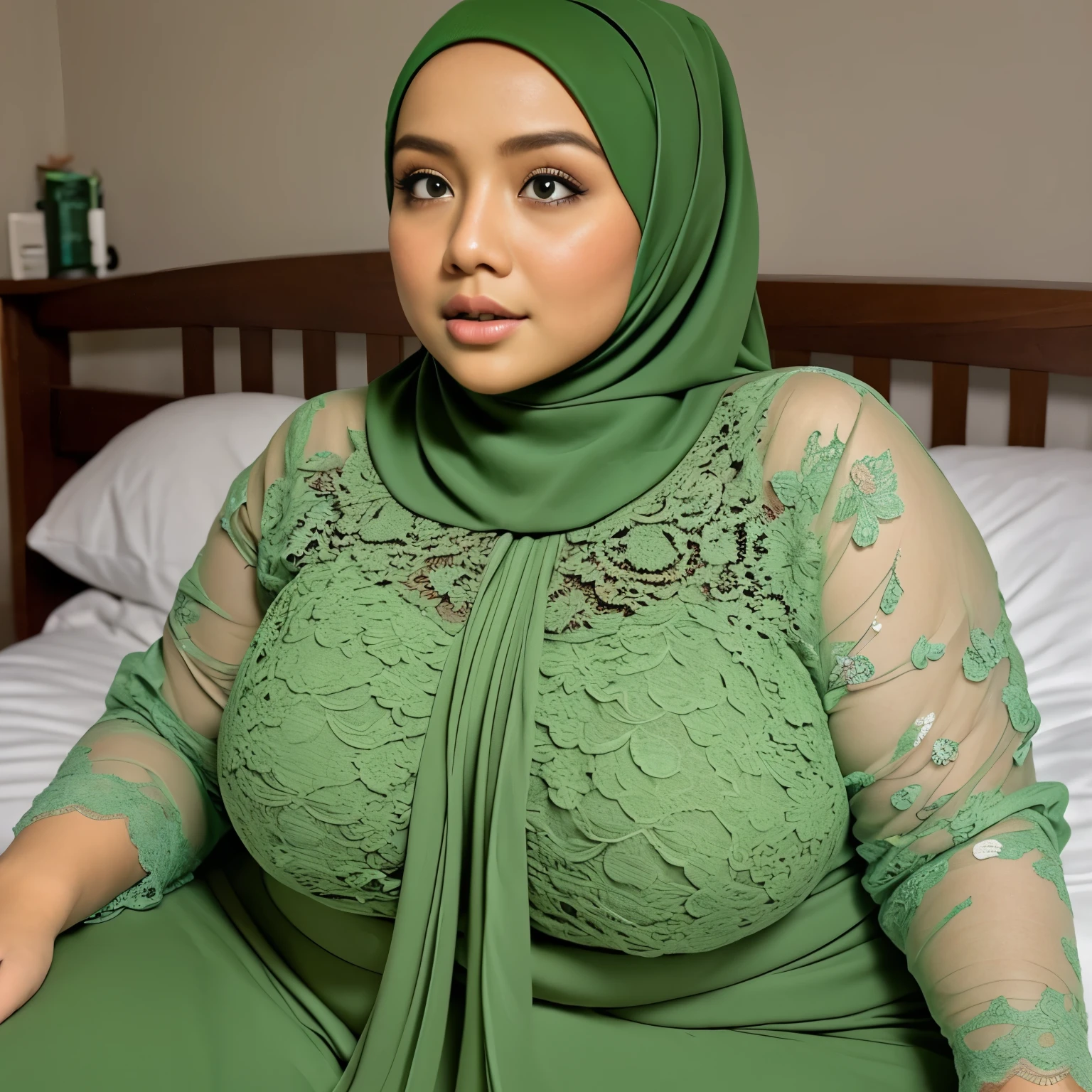 ((HIJAB MALAY GIRL)), Undress, Bbw, Huge Breast, Hands down, (BBW), (lying in bed), (Lie down), (Light Green Lace), (HEAVY BREASTS), (DOGGY STYLE),