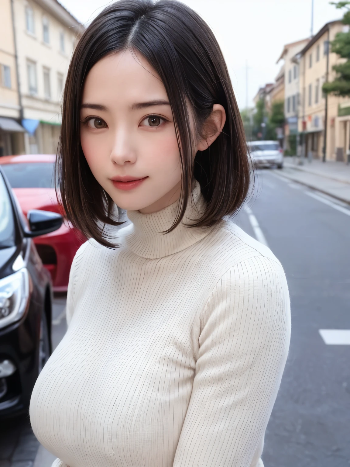 (masutepiece, top-quality、high-detail:1.4、Very attractive beauty、Add intense highlights to the eyes、Look firmly at the camera:1.4、A beautiful woman full of charm、Ideal ratio body proportions、Perfect Anatomy、Brunette Short Bob Hair、Lustrous hair、bangss:1.4、光沢のあるbangss:1.4、lipgloss),1girl in, report, Light brown shiny hair, muffler,realisitic, looking at the viewers、Tilt your head slightly, Bright colored crystal light blue eyes, short shiny hair、 White turtleneck outfit with a hole in the center of the chest,Sexy white turtleneck knit sweater with a round hole in the middle of the chest、 s lips, lipgloss, The upper part of the body、big eye、Lashes、A little red in the face、Embarrassing)、((italian road in winter))、((short hair with big eyes、Put very strong highlights in your students、{Gigantic|Big|Huge|Mega} breasts:1.4、very Bigger breasts、gazing at viewer、Very beautiful beauty、Put your ears out、long neck、little smiling、Beautiful teeth、Open your mouth and smile、Heart-shaped pupil))、28 year old、Very cute supermodel、