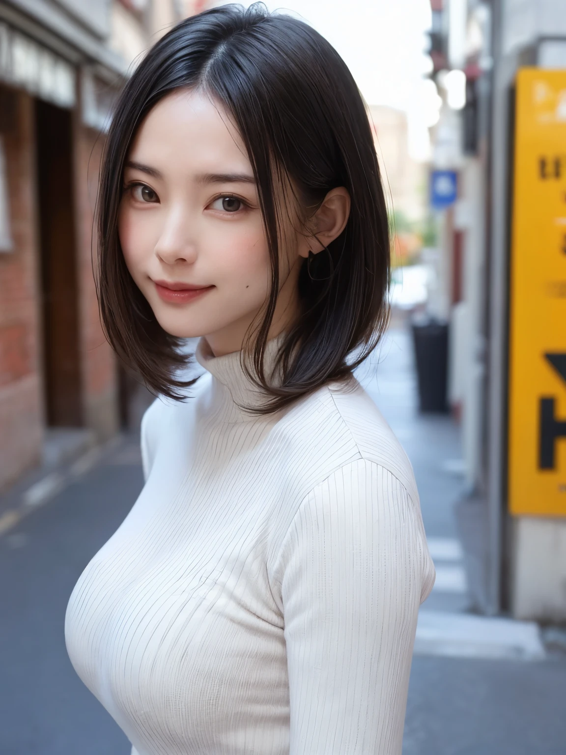 (masutepiece, top-quality、high-detail:1.4、Very attractive beauty、Add intense highlights to the eyes、Look firmly at the camera:1.4、A beautiful woman full of charm、Ideal ratio body proportions、Perfect Anatomy、Brunette Short Bob Hair、Lustrous hair、bangss:1.4、光沢のあるbangss:1.4、lipgloss),1girl in, report, Light brown shiny hair, muffler,realisitic, looking at the viewers、Tilt your head slightly, Bright colored crystal light blue eyes, short shiny hair、 White turtleneck outfit with a hole in the center of the chest,Sexy white turtleneck knit sweater with a round hole in the middle of the chest、 s lips, lipgloss, The upper part of the body、big eye、Lashes、A little red in the face、Embarrassing)、((italian road in winter))、((short hair with big eyes、Put very strong highlights in your students、{Gigantic|Big|Huge|Mega} breasts:1.4、very Bigger breasts、gazing at viewer、Very beautiful beauty、Put your ears out、long neck、little smiling、Beautiful teeth、Open your mouth and smile、Heart-shaped pupil))、28 year old、Very cute supermodel、