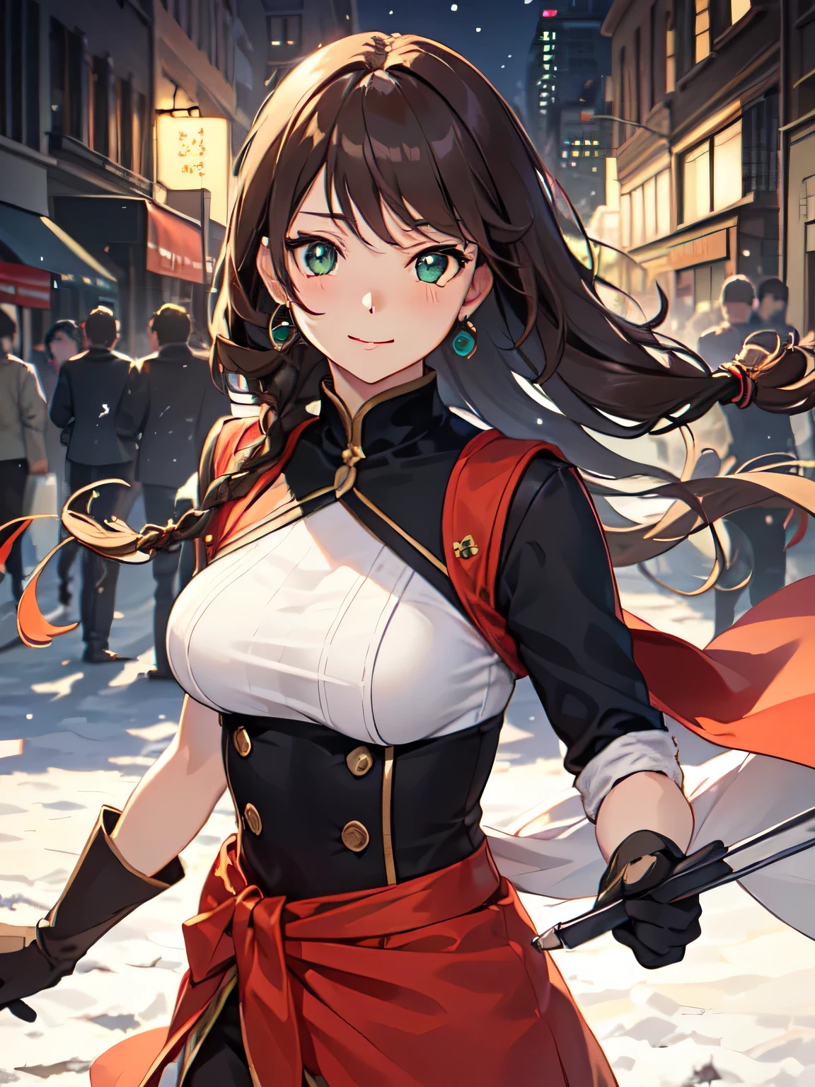 ((masutepiece, Best Quality, High resolution, nffsw, Perfect Pixel, depth of fields, 4K, nffsw, nffsw, Extremely detailed)), 1girl in, Single, Solo, 24 years old, Beautiful anime girl, Beautiful Art Style, Anime Character, sly smile, Beautiful smile, ((Long hair, Braided hair, Brown hair)), (Green eyes:1.4, rounded eyes, Beautiful eyelashes, Realistic eyes, Extremely detailed pupil), (Detailed face, Blushing:1.2), (Smooth texture:0.75, Realistic texture:0.65, Photorealistic:1.2, Cinematic, Anime CG style), medium breasts, Upper body, Perfect body, busty, (Dynamic Angle, POV, close up), ((Winters clothes, long court, mittens, gloves, drawers, earrings)), Night, City lights, Bokeh:1.4, (plein air, city buildings, Large crowds), ((Winters, snowfall:1.8, Oyuki, Wind, Wind blows)), (Graceful, top-notch, Glorious, Elegant, Aesthetic)