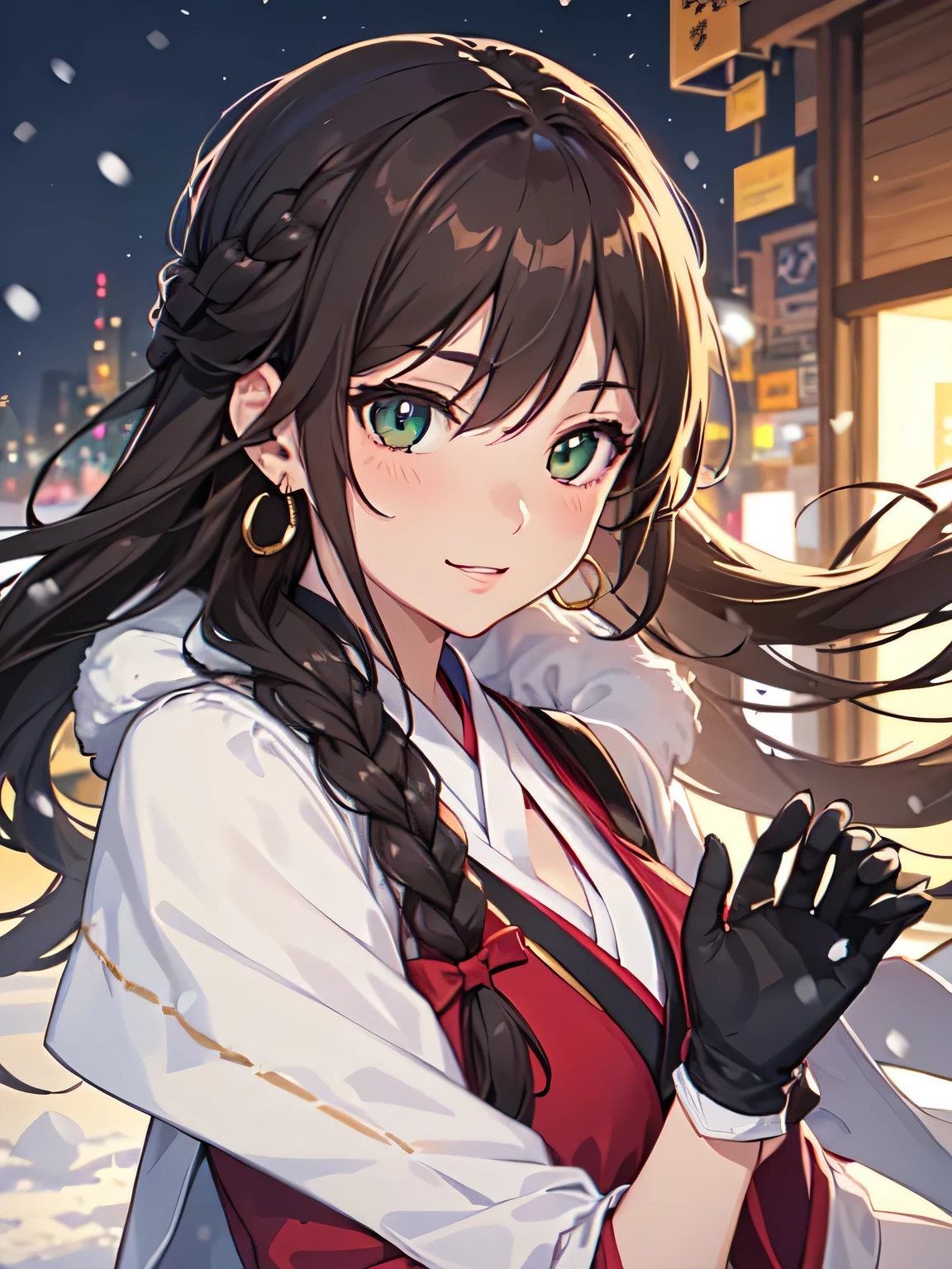 ((masutepiece, Best Quality, High resolution, nffsw, Perfect Pixel, depth of fields, 4K, nffsw, nffsw, Extremely detailed)), 1girl in, Single, Solo, 24 years old, Beautiful anime girl, Beautiful Art Style, Anime Character, sly smile, Beautiful smile, ((Long hair, Braided hair, Brown hair)), (Green eyes:1.4, rounded eyes, Beautiful eyelashes, Realistic eyes, Extremely detailed pupil), (Detailed face, Blushing:1.2), (Smooth texture:0.75, Realistic texture:0.65, Photorealistic:1.2, Cinematic, Anime CG style), medium breasts, Upper body, Perfect body, busty, (Dynamic Angle, POV, close up), ((Winters clothes, long court, gloves, drawers, earrings)), Night, City lights, Bokeh:1.4, (plein air, city buildings, Large crowds), ((Winters, snowfall:1.8, Oyuki, Wind, Wind blows)), (Graceful, top-notch, Glorious, Elegant, Aesthetic)