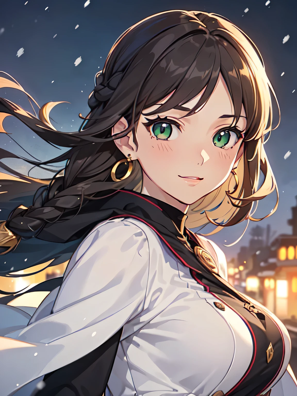 ((masutepiece, Best Quality, High resolution, nffsw, Perfect Pixel, depth of fields, 4K, nffsw, nffsw, Extremely detailed)), 1girl in, Single, Solo, 24 years old, Beautiful anime girl, Beautiful Art Style, Anime Character, sly smile, Beautiful smile, ((Long hair, Braided hair, Brown hair)), (Green eyes:1.4, rounded eyes, Beautiful eyelashes, Realistic eyes, Extremely detailed pupil), (Detailed face, Blushing:1.2), (Smooth texture:0.75, Realistic texture:0.65, Photorealistic:1.2, Cinematic, Anime CG style), medium breasts, Upper body, Perfect body, busty, (Dynamic Angle, POV, close up), ((Winters clothes, long court, gloves, drawers, earrings)), Night, City lights, Bokeh:1.4, (plein air, city buildings, Large crowds), ((Winters, snowfall:1.8, Oyuki, Wind, Wind blows)), (Graceful, top-notch, Glorious, Elegant, Aesthetic)