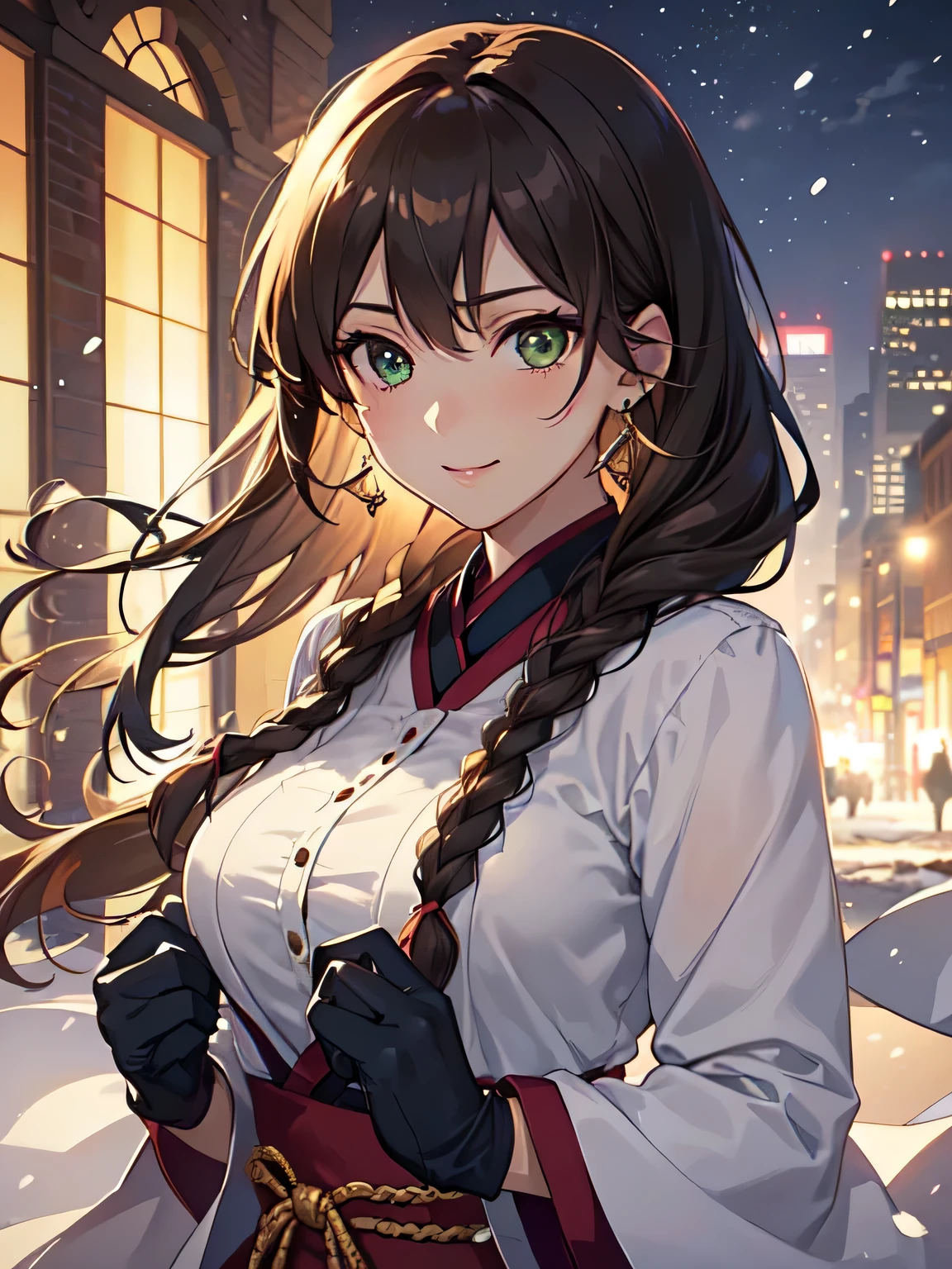 ((masutepiece, Best Quality, High resolution, nffsw, Perfect Pixel, depth of fields, 4K, nffsw, nffsw, Extremely detailed)), 1girl in, Single, Solo, 24 years old, Beautiful anime girl, Beautiful Art Style, Anime Character, sly smile, Beautiful smile, ((Long hair, Braided hair, Brown hair)), (Green eyes:1.4, rounded eyes, Beautiful eyelashes, Realistic eyes, Extremely detailed pupil), (Detailed face, Blushing:1.2), (Smooth texture:0.75, Realistic texture:0.65, Photorealistic:1.2, Cinematic, Anime CG style), medium breasts, Upper body, Perfect body, busty, (Dynamic Angle, POV, close up), ((Winters clothes, long court, gloves, drawers, earrings)), Night, City lights, Bokeh:1.4, (plein air, city buildings, Large crowds), ((Winters, snowfall:1.8, Oyuki, Wind, Wind blows)), (Graceful, top-notch, Glorious, Elegant, Aesthetic)