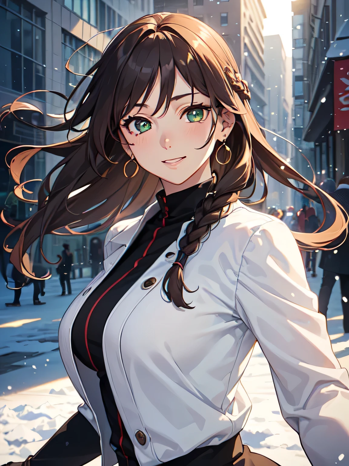 ((masutepiece, Best Quality, High resolution, nffsw, Perfect Pixel, depth of fields, 4K, nffsw, nffsw, Extremely detailed)), 1girl in, Single, Solo, 24 years old, Beautiful anime girl, Beautiful Art Style, Anime Character, sly smile, Beautiful smile, ((Long hair, Braided hair, Brown hair)), (Green eyes:1.4, rounded eyes, Beautiful eyelashes, Realistic eyes, Extremely detailed pupil), (Detailed face, Blushing:1.2), (Smooth texture:0.75, Realistic texture:0.65, Photorealistic:1.2, Cinematic, Anime CG style), medium breasts, Upper body, Perfect body, busty, (Dynamic Angle, POV, close up), ((Winters clothes, long court, gloves, drawers, earrings)), Night, City lights, Bokeh:1.4, (plein air, city buildings, Large crowds), ((Winters, snowfall:1.8, Oyuki, Wind, Wind blows)), (Graceful, top-notch, Glorious, Elegant, Aesthetic)