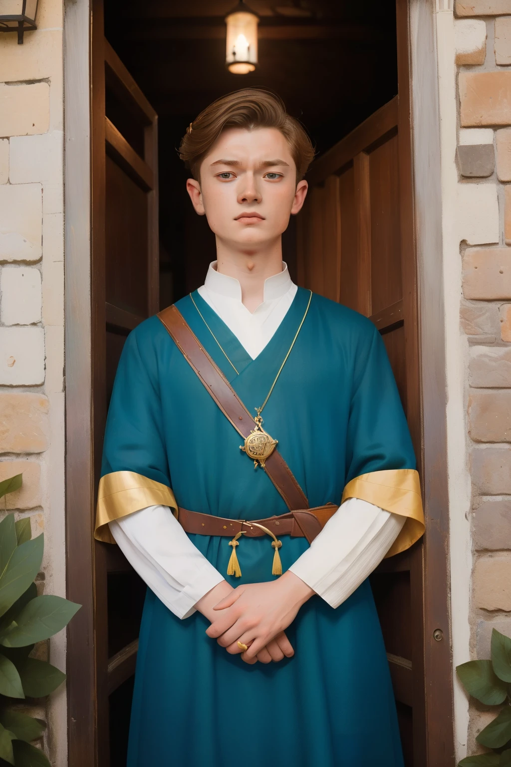 1141, Kingsbridge, England. otherworldly scene in a medieval village, near a meadow, ((((20-year-old)) Levi Miller)), young man proposing for marriage, rejected ((sad and angry expression)), disappointment, ((((tunic from the 12th century)))), ((Hairstyle of the 12th century)), ((Wes Anderson cinematic style)), colorful