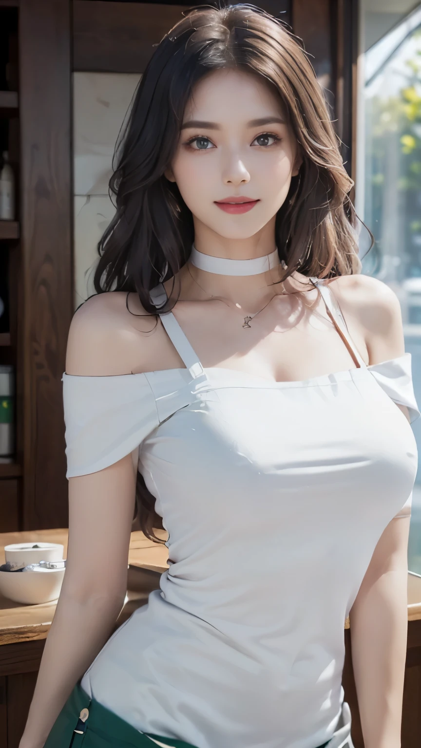 Beautiful Woman,a woman in a starbucks apron standing in front of a counter, starbucks aprons and visors, starbucks, mysterious coffee shop girl, wearing an apron, apron, wearing rr diner uniform, ( waitress ) girl, work clothes, ( ( dark green, white waist apron and undershirt, thanos as a starbucks barista, white apron, dark green, with two front pockets Very , Looking straight at the camera, big breasts looking directly at the camera, sexy expression, chest between arms to make cleavage, Close chest, coquettish smile, happy smiling, Smile, Glossy skin, Big Eyes, highlights in the pupils, Clear eyes, clear double eyelids, eyeslashes, long neck, beautiful short hair, glossy dark black hair, bangss, pure white background, empty background, white color shirt, White Off-Shoulder, shoulder strap, Choker, ears out, arm out, Clothes close to naked body, beautiful belly button