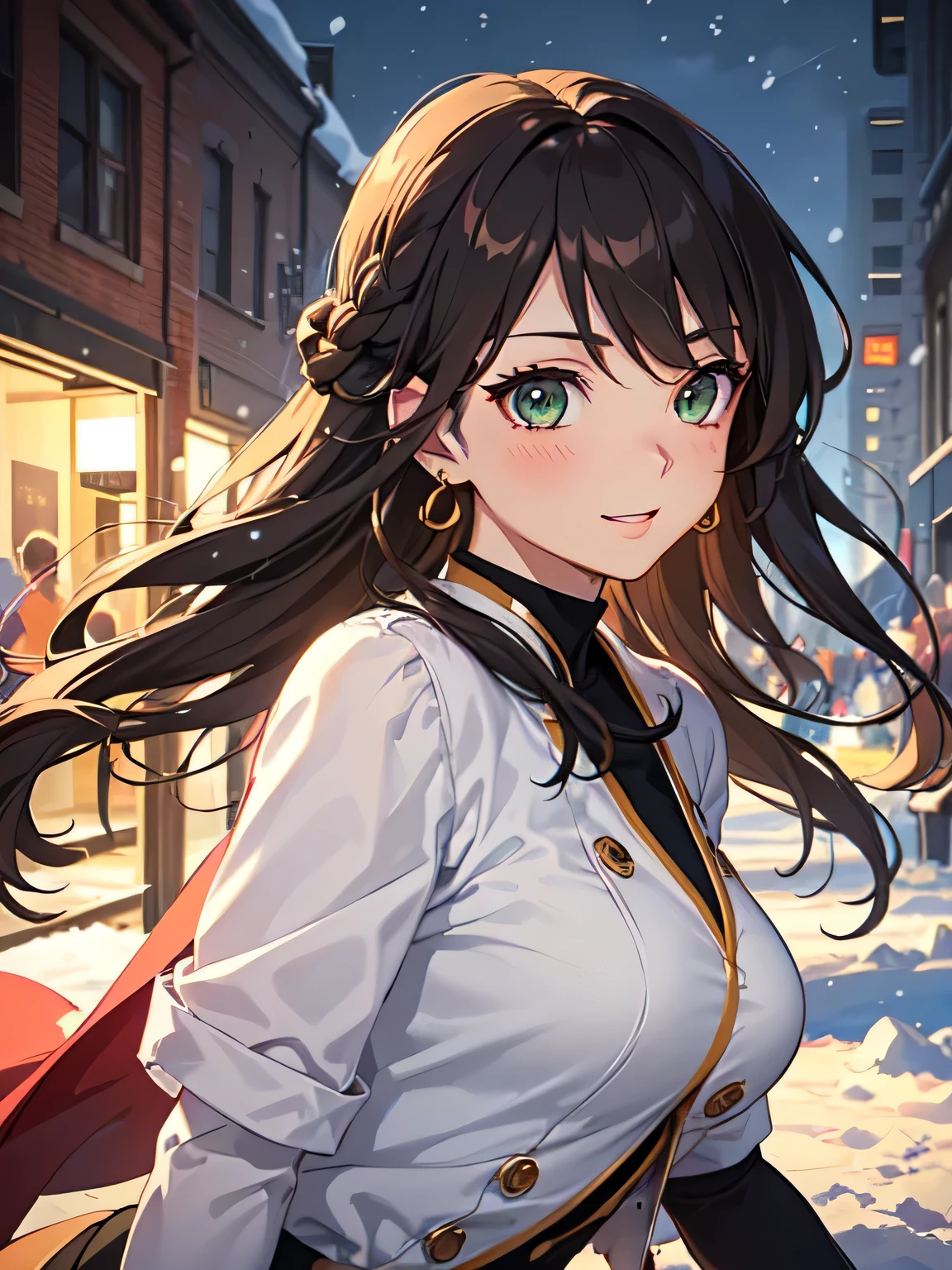 ((masutepiece, Best Quality, High resolution, nffsw, Perfect Pixel, depth of fields, 4K, nffsw, nffsw, Extremely detailed)), 1girl in, Single, Solo, 24 years old, Beautiful anime girl, Beautiful Art Style, Anime Character, sly smile, Beautiful smile, ((Long hair, Braided hair, Brown hair)), (Green eyes:1.4, rounded eyes, Beautiful eyelashes, Realistic eyes, Extremely detailed pupil), (Detailed face, Blushing:1.2), (Smooth texture:0.75, Realistic texture:0.65, Photorealistic:1.2, Cinematic, Anime CG style), medium breasts, Upper body, Perfect body, busty, (Dynamic Angle, POV, close up), ((Winters clothes, long court, mittens, gloves, drawers, earrings)), Night, City lights, Bokeh:1.4, (plein air, city buildings, Large crowds), ((Winters, snowfall:1.8, Oyuki, Wind, Wind blows)), (Graceful, top-notch, Glorious, Elegant, Aesthetic)