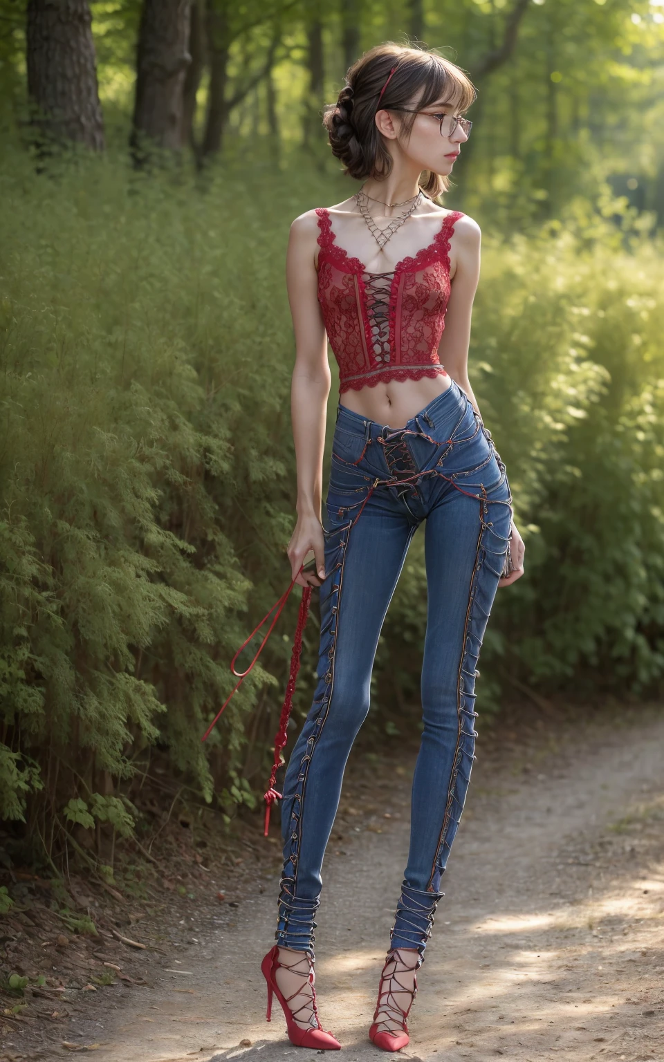 (8K, Masterpiece, RAW photo, Best quality, detail:1.3), (ultra realistic Natural background, scenary:1.5), Depth of field, Cinematic light, (ultra realistic face), (1 picture of 1 solo girl Airim Jones:1.6), 1girl, (Beautiful and elegant Russian girl), (skinny girl with glasses), (European face:1.3), (perfect complete full body:1.6), (full body shot including shoes:1.6), (perfect [frontal view|side profile|back profile]:1.5), (small necklace, collarbone:1.1), ( [bangs|pigtails|bob|pixie] hair:1.5), (ultra detailed skin:1.4), (sexy red minitop:1.5), (soft fabric miniTop:1.5), (Lace-Up Jeans:1.6), (perfect standing pose:1.5), (perfect long legs:1.4), (low rise jeans:1.5), (low waisted jeans:1.5), (perfect shoes:1.5), (perfect feet:1.5)