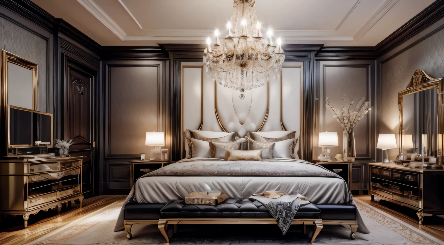A photographic beautiful New Year's room in high-tech style, the emphasis of the photograph on beautiful modern LED chandeliers to match the style of the room, among the interior of the room there are New Year's items. The room furniture and chandeliers should be placed on the right, on the left there should be a texture or blur effect so that I can put large text there since this photo will be used for a banner on the site.