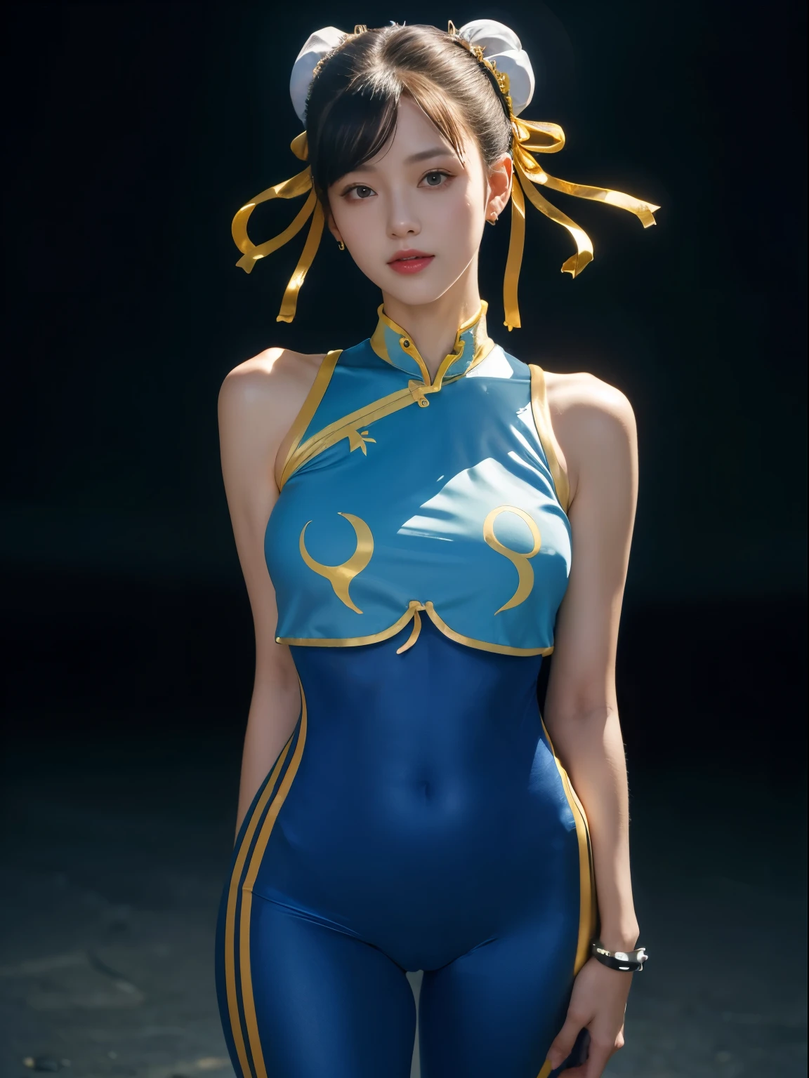 (masterpiece, best quality:1.4), (standing:1.5), 1girl, solo, sfa chun, blue vest, unitard, blue pants, skintight, yellow ribbon, short hair, sneakers, bare shoulders, (european youth  woman:1), looking at viewer, beautifull smile, beautiful face, highly detailed face, highly detailed eyes, subsurface scattering, realistic pupils, full face blush, full lips, detailed background, depth of field, volumetric lighting, sharp focus, absurdres, realistic proportions, (realistic, hyperrealistic:1.4), 16k hdr