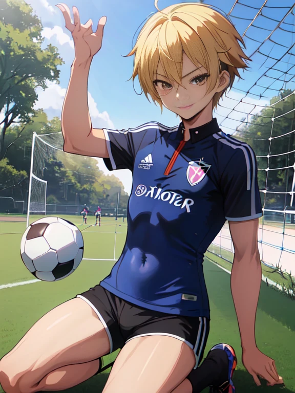 Official art,anime screen cap、superfine illustration、 hight resolution, masutepiece, best qualtiy,Best Quality,hightquality, detaileds, (A ),12 years oace striker male idol with a super cute face,A boy as beautiful as Planding, Cool handsome face with smile, soccer spike, Long legs, thighs thighs thighs thighs, Foots, Bulge, (blonde hair、Short,spiky hair:1.2)、 Shiny hair, (Tight shiny soccer uniform style bikini), (tight soccer shorts), tussock, Cool pose, (厚いthighs thighs thighs thighs、Seduce your big ass to your crotch、(((soccer field in the park)))、((cocky、))、Smirk、showing butt、Ultra-fine painting, (Best Quality, 4K, 8K, hight resolution, masutepiece:1.2)