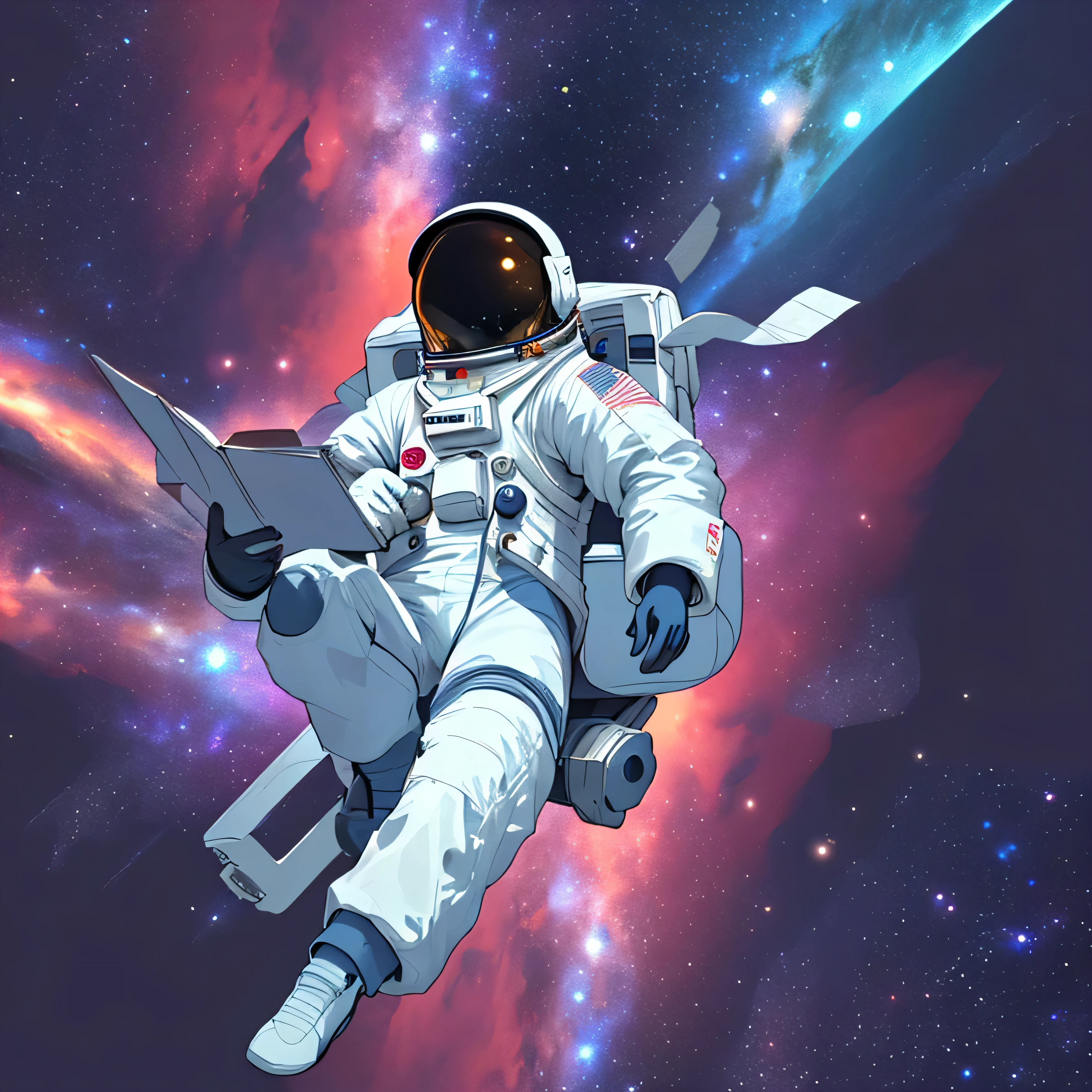 floating astronaut, galaxy background