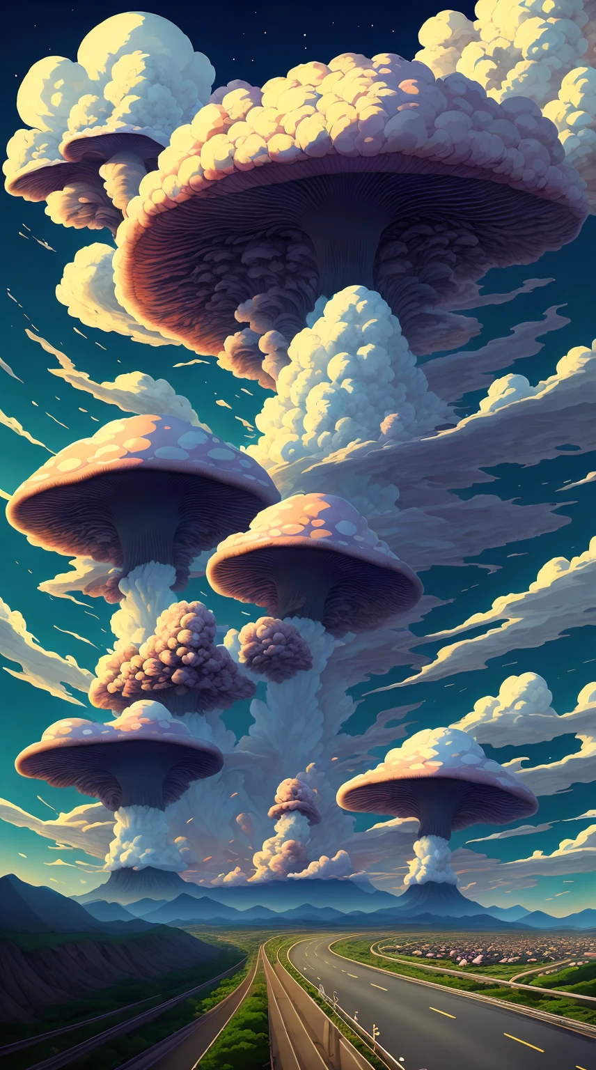 a close up of a cloud over a road with a sky background, mushroom cloud, mushroom cloud in the background, nuclear cloud, mushroom cloud on horizon, cloud vortex, nuclear mushroom cloud, voluminous clouds, huge nuclear mushroom cloud, large explosions, anime clouds, the explosion from akira, nuclear explosion background, bomb explosion, huge explosions, nuclear mushroom smoke