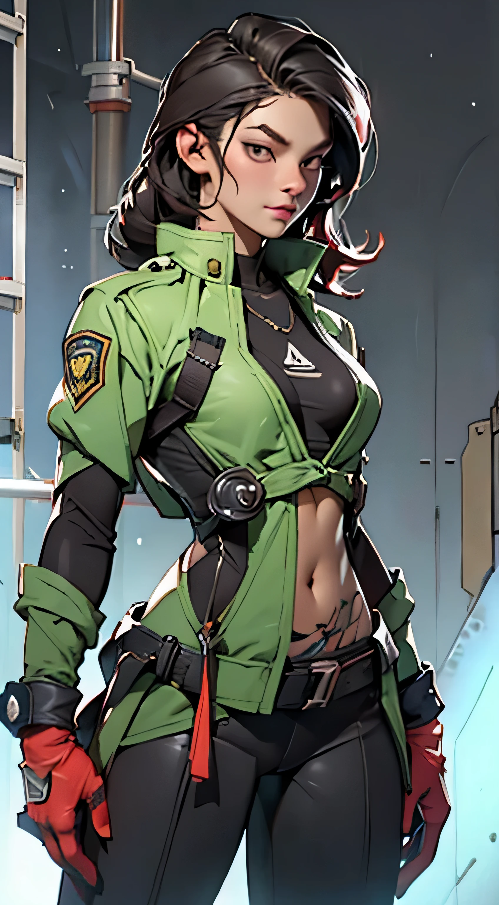 ana of arms, big chest, police, long hair, sunlasses, holster, rivets, long black jacket, just one body, big gun in hands, in action, in ruins, explosions behind, fire behind, front view, movie poster