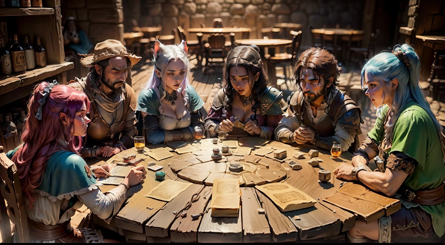 (((Un grupo de amigos jugando D&D))). ((RPG de mesa). (Estilo de libro D&D). (D's epic characters&D). (D&D). (Epic Tavern Background). personaje femenino con pelo morodado y orejas de gato