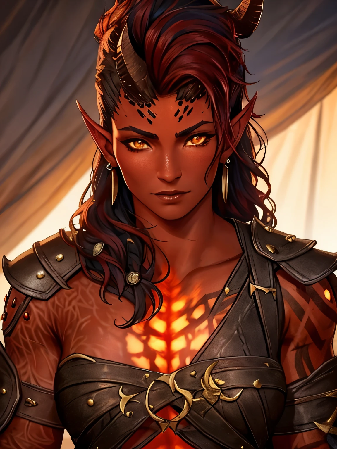 1female Tiefling with red skin, looks like Karlach from Baldursgate, orange eyes,piercings on face, great  skin texture, great eyes, muscle body, one brocken horn at head, wears black leather barbarian clothes, great details, ultra quality, wallpaper, dynamic light, dynamic pose, wears pants, great face, great skin texture, masterpiece, trending on artstation, detailes clothes, calm picture, romantic, great details, inside of a tent as background, great face, good wallpaper, lovely and romantic setting, great detailed textures, soft face expression, close up, great horns, lovely, great face and eyes textures, bedrolls, lantern,