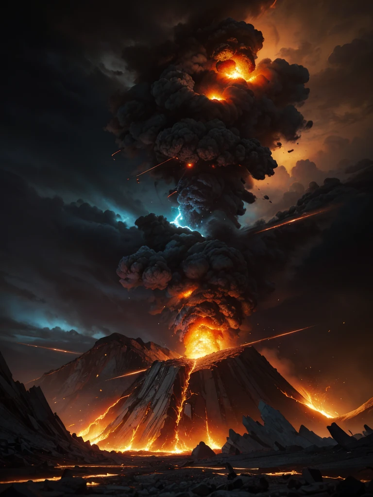 lava flowing, dark clouds, fiery sparks, ash raining down, intense heat, destructive force, surreal landscape, ominous atmosphere, apocalyptic scene, mesmerizing colors, dynamic composition, powerful eruption, molten rock, billowing smoke, glowing embers, crumbling earth, volcanic activity, blackened sky, catastrophic event, natural disaster, danger and destruction, chaotic energy, violent explosion. (best quality, highres), (realistic:1.37), HDR, intense lighting, vivid colors, dramatic contrast, surrealistic style.