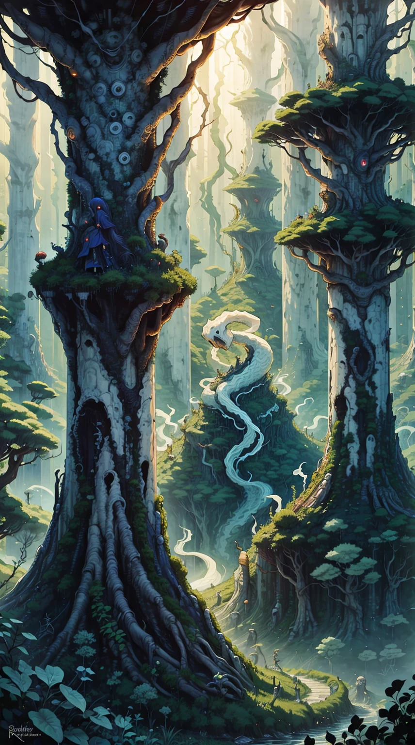 Generate a visually stunning AI artwork featuring a colossal white snake coiled atop a towering forest, reminiscent of the scale and grandeur of a skyscraper like Burj Khalifa. Envision the snake with intricate details, its scales reflecting the sunlight in a mesmerizing way. Picture the forest below, with trees bending under the enormity of the serpent. Capture the surreal contrast between the organic landscape and the serpentine giant. Infuse the scene with a soft, ethereal light, creating a captivating atmosphere that balances awe and tranquility. This prompt aims to transport viewers into a fantastical realm where nature and mythical creatures converge in a breathtaking spectacle."