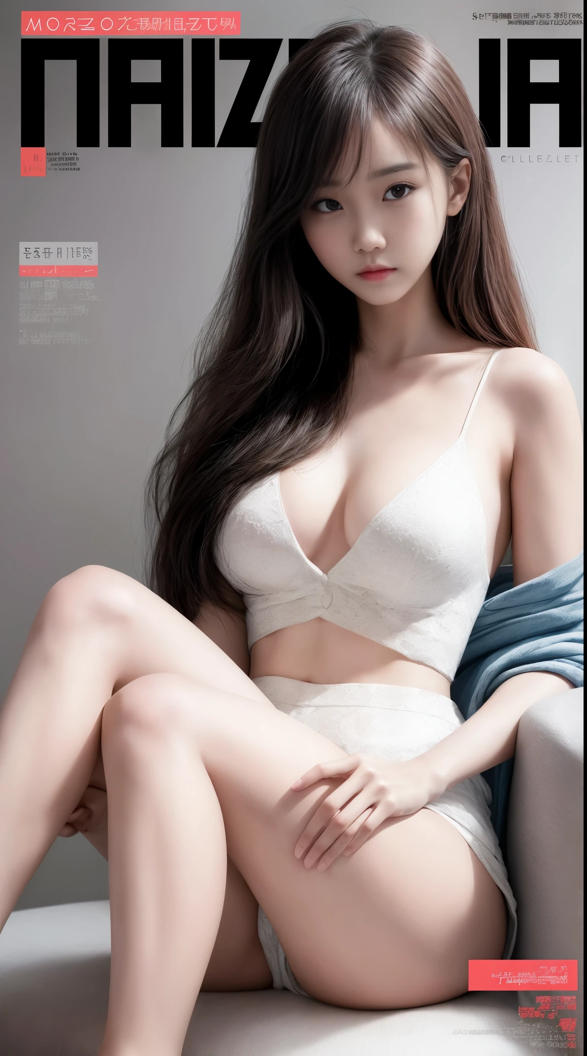 (MagazineCover:1.3),ulzzang-6500, (actual: 1.3) (Original: 1.2), tmasterpiece, Best quality at best, Beautiful clean face, Full body lesbian, 1 Sister, fault art, (Digital distortion), pixelated fragments, Corrupted data,color noise, visual chaos,contemporary aesthetics,Correct local description,Detailed sculpting of hands and thighs