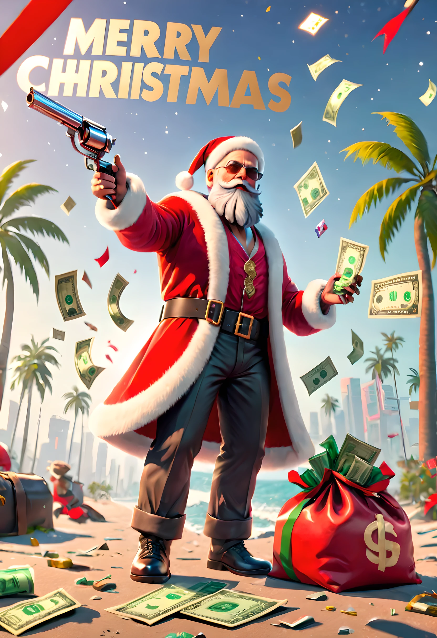 extremly intricate, tmasterpiece, Best quality at best, Award-Awarded,Alone,Santa Claus holding silver revolver，Money falls from the sky，banknotes, ((Dollar)), GTA style text"Merry Christmas",Grand Theft Auto screenshots,Unreal Engine5,Miami《GTA》nipple play, Black gym bag decorated with red bow，地上装满了banknotes,lar santa