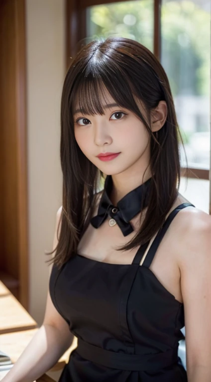 (top-quality,​masterpiece:1.3,超A high resolution,),(ultra-detailliert,Caustics),(Photorealsitic:1.4,RAW shooting,)Ultra-realistic capture,A highly detailed,High resolution 16K human skin close-up。 Skin texture is natural、,The pores are、Must be detailed enough to be easy to identify。 Skin should look healthy with even tones。 Use natural light and color,resturant,(Waitress uniform:1,3),女の子1人,japanes,18year old,kawaii,A dark-haired,Middle hair,(large boob:1.2),smil,Turn your body to the front,(front-facing view:1.2),Looking at the camera,FULL BODYSHOT:1.1,Gaze,boob focused:1.1,Chest close-up:1.1