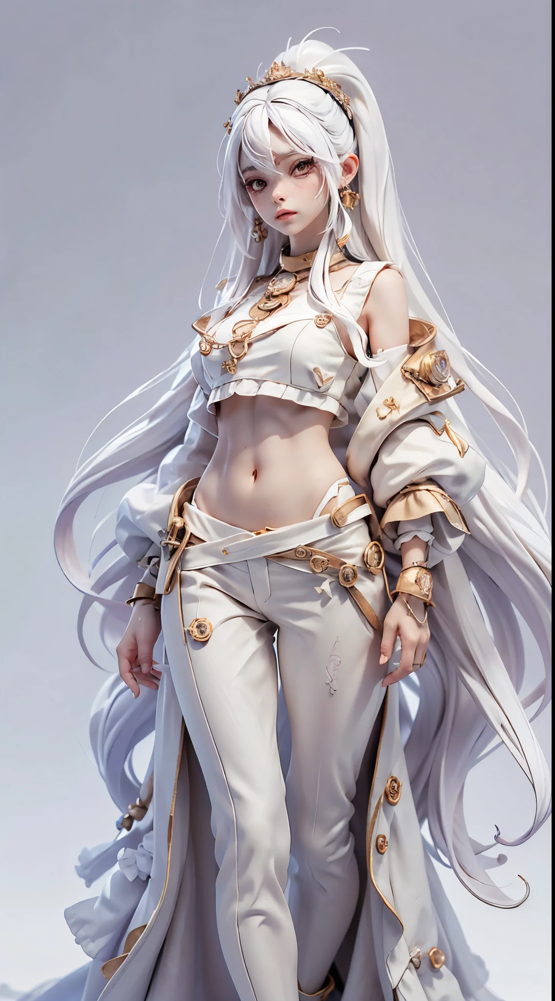 tmasterpiece, Best quality at best, nearing perfection, (s the perfect face:1.1), (high detal:1.1), dramatics, (1人), pale-skinned, (long pure white hair:1.4), White eyes, Otto Sepalainen, Alone, long whitr hair, white luxury suit, Cover the navel, snob, albinism, Luminous Studio graphics engine, pouting, Demonic Magician, Volumetriclighting, 詳細な目, (8k wallpaper tmasterpiece), ultra - detailed, intricately details, Absolutely pixel perfect, rosette, Fashionab, side, looking at viewert, BalenciagaStyle