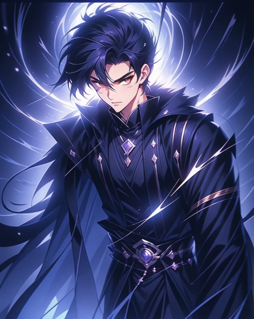 the only person，Libido boy，disheveled black hair , Orange eyes , purple martial arts uniform , Fighting posture，purple aura，lightning effects，Snowy background , Snowy wasteland background, Martial arts costumes , 1male people , Complicated details , perfect generation , male people , musculous , poncho，red magic vortex，