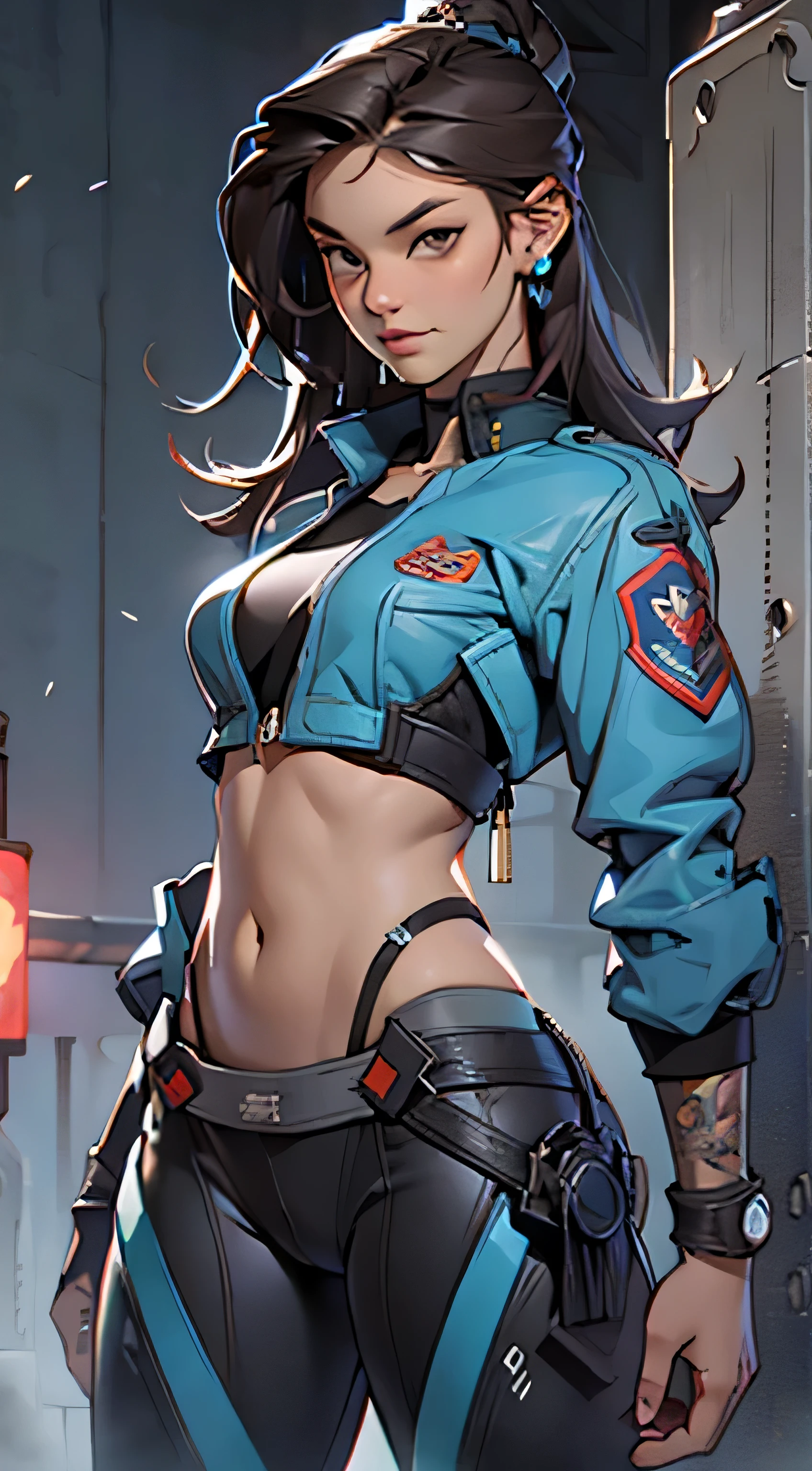 11:23(((Best quality at best: 1.4))),(Unbeatable masterpiece), (hyper HD),(Hyper-realistic 8k CG)、(dark colored hair) ((( body))), (((1 girl in))), 25-year-old American soldier with perfect body,,Beautiful and well-groomed face,muscular body:1.2,Solid royal blue jacket with details, (Pictures from head to thighs), Complex equipment, royal blue,long trousers,The clothes inside are dark,Clothes with armored metal electronic parts, Poison tattoos )