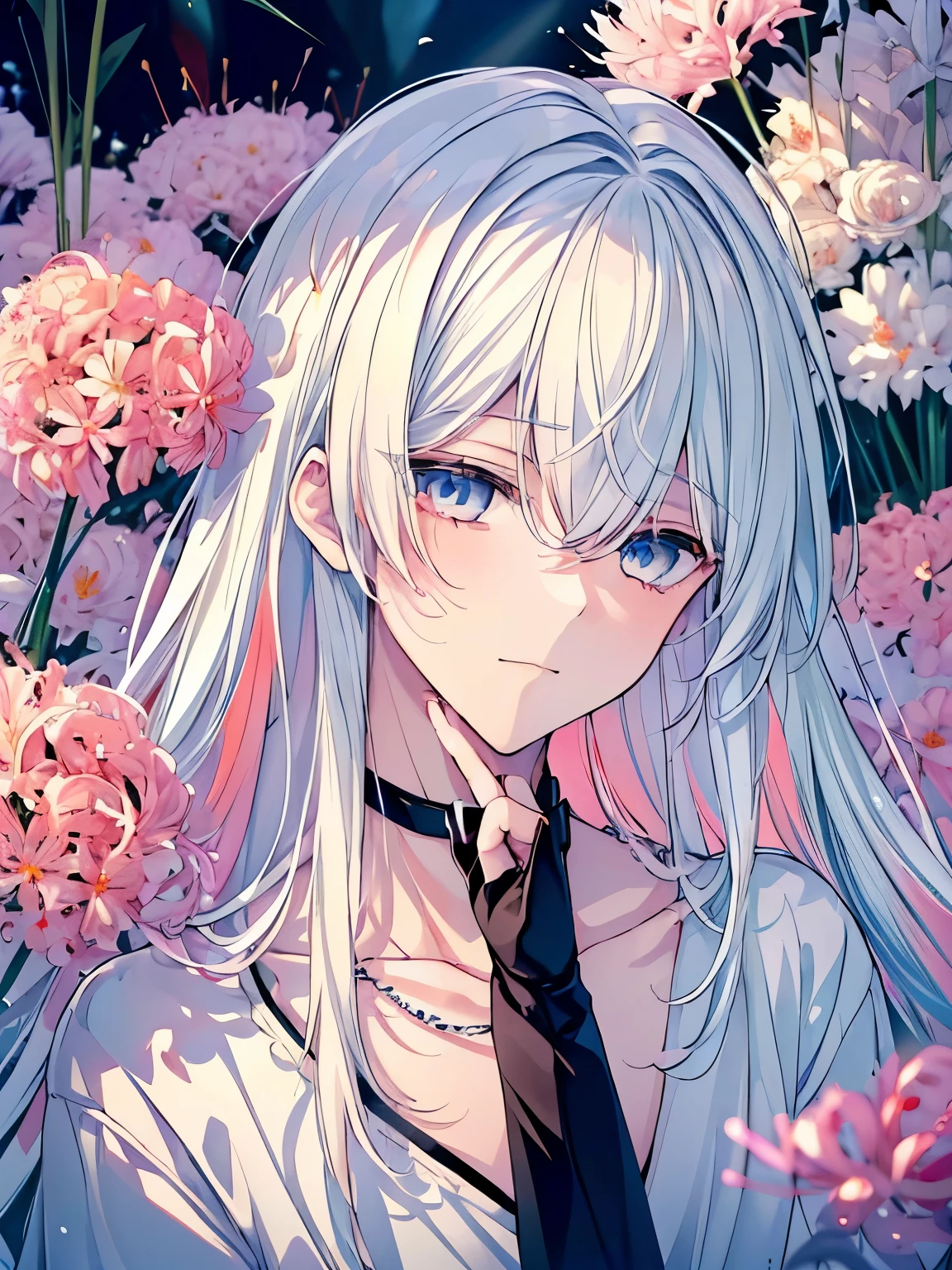 (Extremely detailed CG unity 8k wallpaper), (((Ultra-detailed))), ((Extremely detailed)), (((Best Illustration))), Best Illumination, Best Quality、masutepiece、((Extremely delicate and beautiful)), ((an Extremely delicate and beautiful***)), face perfect、Detailed eyes、Detailed face、Colorful, Lycoris radiata, (Manjuuzaka:1.1), Red flower garden, (((Colorful flowers))), ((1 boy, Solo)), {{finely detailed beautiful eyes and detailed face}}, deadpan, mournful smile, Long hair, (((White hair))), Light blue eyes, Empty eyes, Beautiful detailed eyes, Gentle, slender, Medium height black boot rack choker with light blue pendant)),  Sitting, Beautiful Boys, 年轻、manjyusaka,