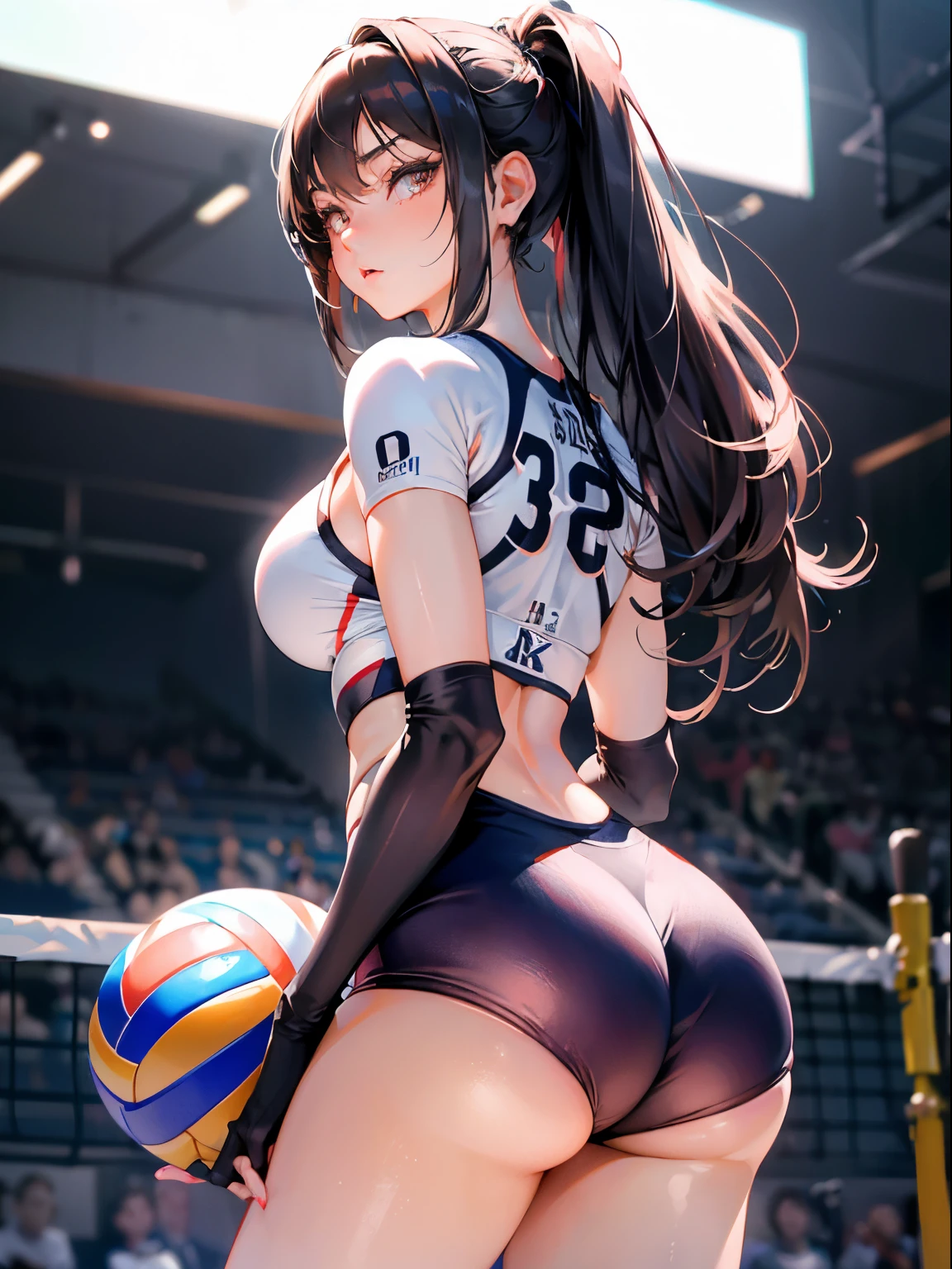 (Best Quality, masutepiece),ultra detailed photographic,1girl in, female volleyball player ,Large breasts,nice legs,ahot a ball,At the volleyball venue,Detailed beautiful face,Beautiful eyes,detailed hairs,detailed  clothes,Detailed realistic skin,Cool,Dynamic Angle,from behind