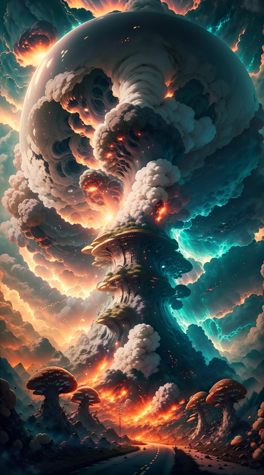a close up of a cloud over a road with a sky background, mushroom cloud, mushroom cloud in the background, nuclear cloud, mushroom cloud on horizon, cloud vortex, nuclear mushroom cloud, voluminous clouds, huge nuclear mushroom cloud, large explosions, anime clouds, the explosion from akira, nuclear explosion background, bomb explosion, huge explosions, nuclear mushroom smoke