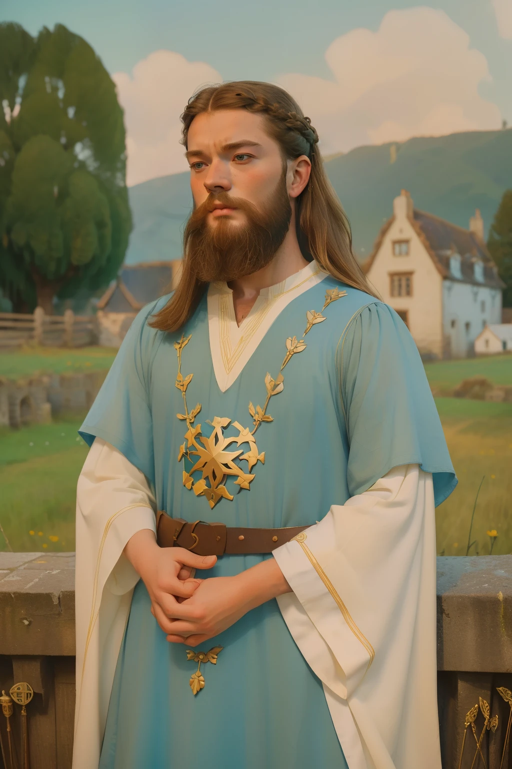 1141, Kingsbridge, England. otherworldly scene in a medieval village, near a meadow, ((((20-year-old)) bearded Levi Miller)), proposing for marriage, rejected ((sad and angry expression)), disappointment, ((((tunic from the 12th century)))), ((Hairstyle of the 12th century)), ((Wes Anderson cinematic style)), colorful