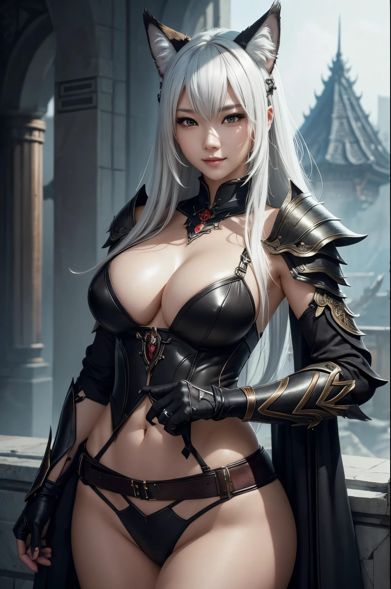 8K,大きな胸を持つ黒と赤のA sexyな鎧を着た性の接写、thick white hair、big breasted werewolf,Super beauty,(Lifelike)Eyes,chengwei pan on artstation、 By Jan J.、 intricate fantasy art、Assassin,Stunning character art、 Fanart Meilleure ArtStation、 Magnificent and elaborate character art、 Maid's Armor、Highly detailed artgerm、 Detailed Digital Animation Art、 ArtGerm on ArtStation Pixiv、 Girl in armor、dynamic ungle、超A high resolution、cool smile、real looking skin、魅惑的、A sexy、Active、Wolf ears,A gaze that seduces viewers,long red wolf claws,