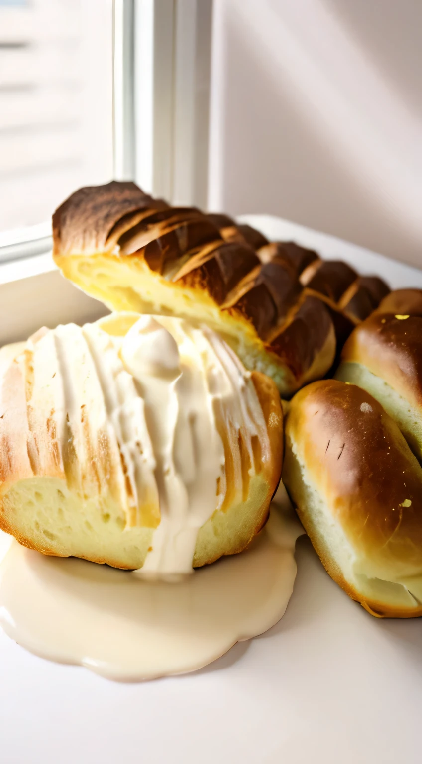 (Cream buns on the table),Sunlight shines in through the window，Cinematic lighting，quality，Create a warm feeling，There is a glass of hot milk and decorations on the table，real bread，Bread fresh from the oven，High resolution 4K