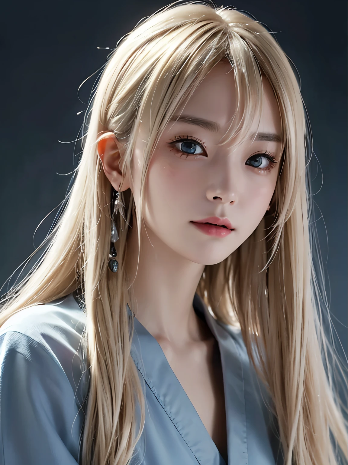 浅笑、natta、Raw photography、(((Portrait of extreme beauty)))、((glistning skin))、1人、11 autiful girl in Prague、((Bright platinum blonde hair))、[black eyes]、Glossy glossy skin、Silky long straight hair、eye liner、Long bangs、Hair between the eyes hangs down、((​masterpiece、最hightquality、ultra-detailliert、Film Light、intricate-detail、hight resolution、8K、ighly detailed))、细致背景、8K UHD、Digital SLR、Soft light、hightquality、Film grain、FujifilmXT3 、Shallow depth of field、natural soft light、（No hands）、Kamimei、Sareme、