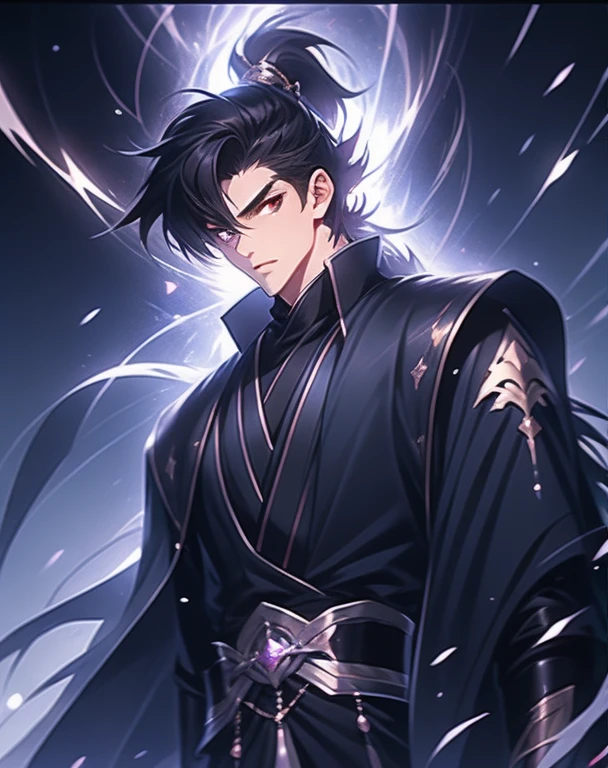 the only person，Libido boy，Long messy black hair , Orange eyes , purple martial arts uniform , Fighting posture，purple aura，lightning effects，Snowy background , Snowy wasteland background, Martial arts costumes , 1male people , Complicated details , perfect generation , male people , Muscular , poncho，red magic vortex，