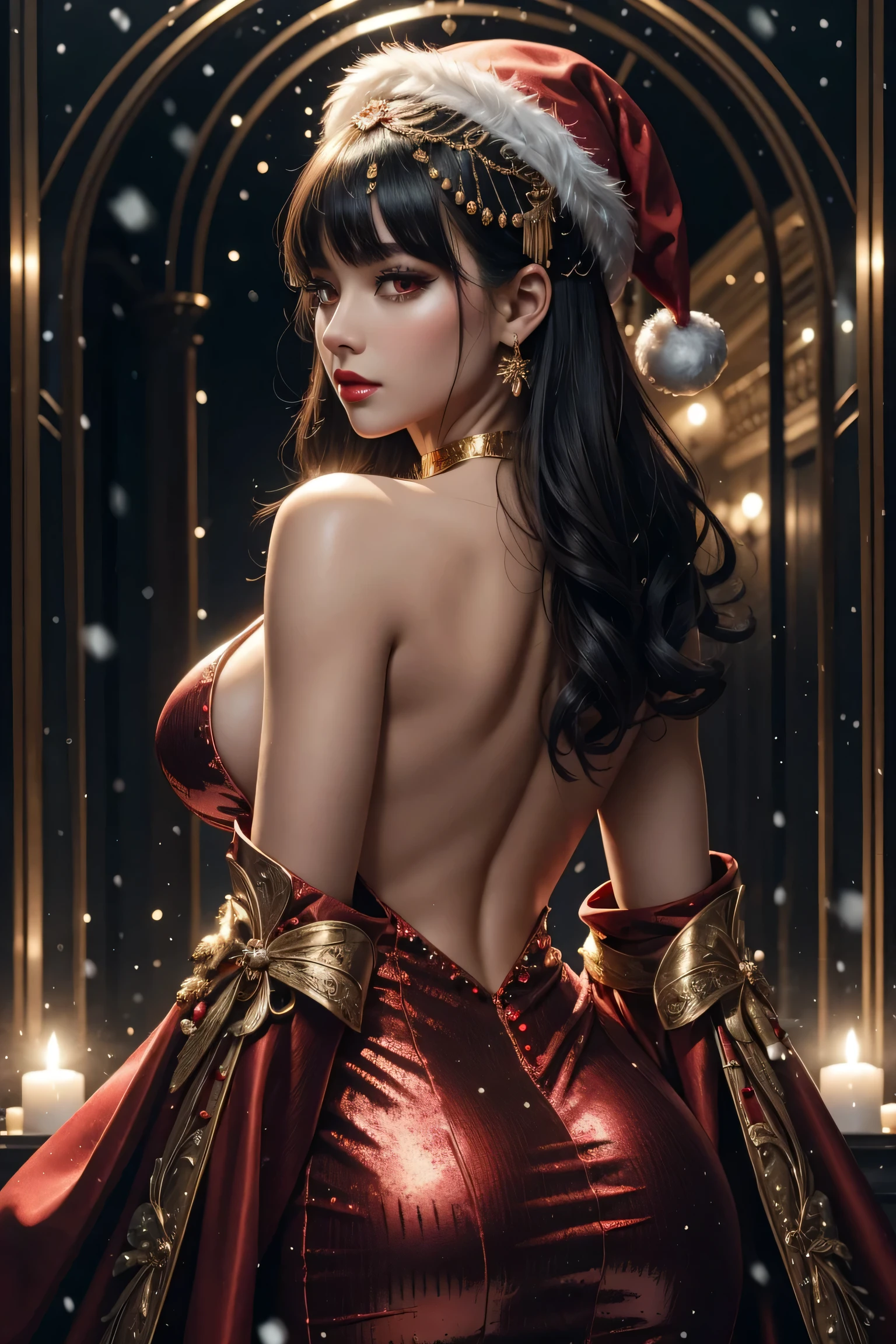 Beautiful black hair,short-cut,Aligned bangs,bright red lips,Red Eyes,de pele branca,Gothic dresses,An ultra-high picture quality,ultra-quality,​masterpiece,Digital SLR,Photorealsitic,Detailed details,Vivid details,Depicted in detail,Detailed face,Detailed details,Super Detail,realistic skin textures,Based on anatomical grounds,perfect anatomia,Anatomically correct hand,Anatomically correct fingers,Complex 3D Rendering,Colossal tits,sexy  pose,Beautiful back view,sexy hips,red sequin dress studded with gold,Red rose hat,Gift Ribbon,Red fur coat,Put it in a nice photo frame and display it,bright red claws,beautiful christmas scenery,mysterious snow scene,It's snowing,beautiful ilumination,Christmas tree,Picturesque beauty,Photograph the whole body,9 head body,Pink lip,Beautiful curly hair,Luxurious necklace,emphasize the beautiful whole body,Beautiful nails,Black bondage,Beautiful burning rose,High-leg T-back,