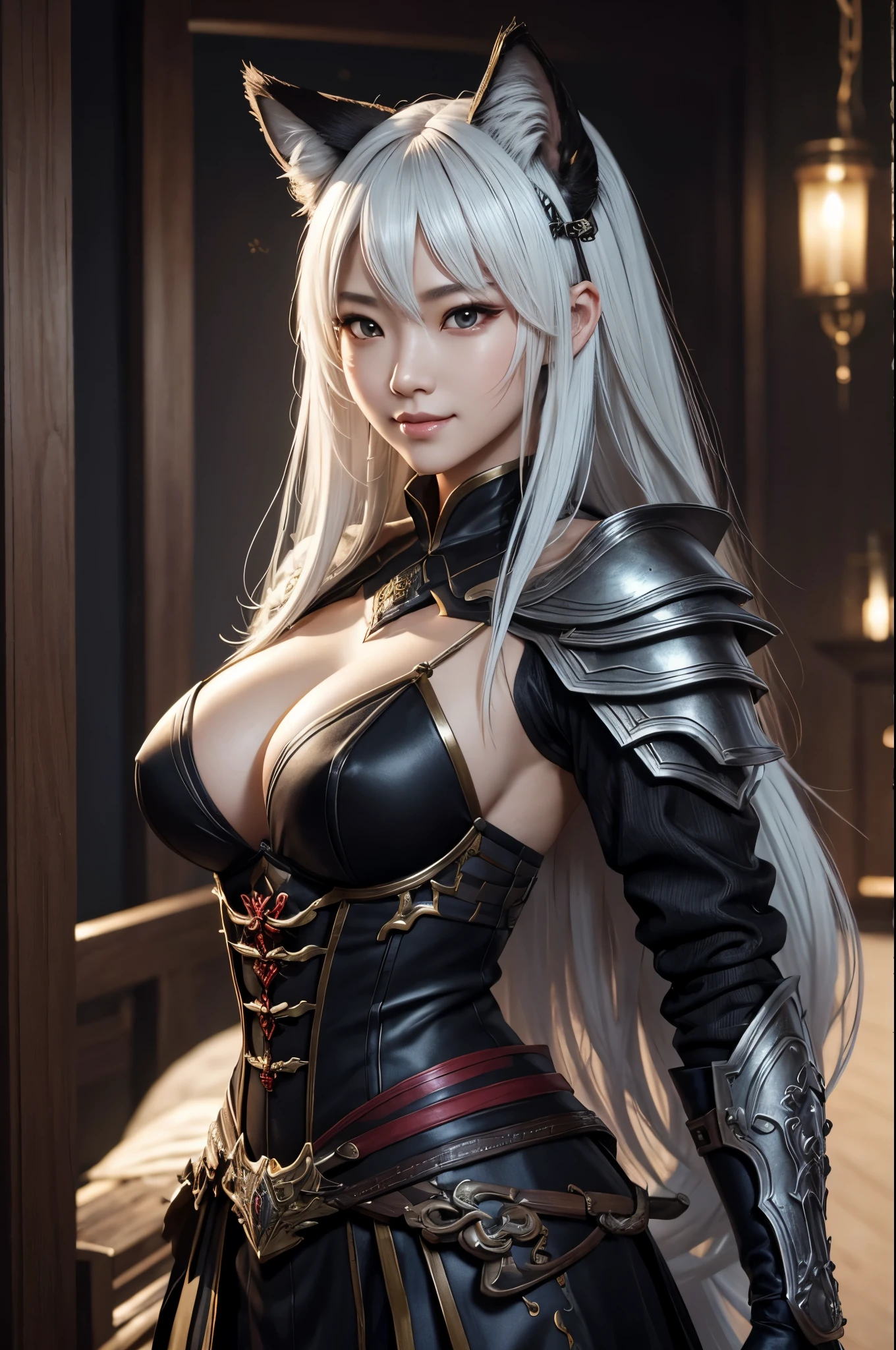 8K,大きな胸を持つ赤と黒のA sexyな鎧を着た性の接写、A 40-year-old woman,thick white hair、big breasted werewolf,Super beauty,(Lifelike)Eyes,chengwei pan on artstation、 By Jan J.、 intricate fantasy art、Assassin,Stunning character art、 Fanart Meilleure ArtStation、 Magnificent and elaborate character art、 Maid's Armor、Highly detailed artgerm、 Detailed Digital Animation Art、 ArtGerm on ArtStation Pixiv、 Girl in armor、dynamic ungle、超A high resolution、cool smile、real looking skin、魅惑的、A sexy、Active、Wolf ears,A gaze that seduces viewers,long red wolf claws,