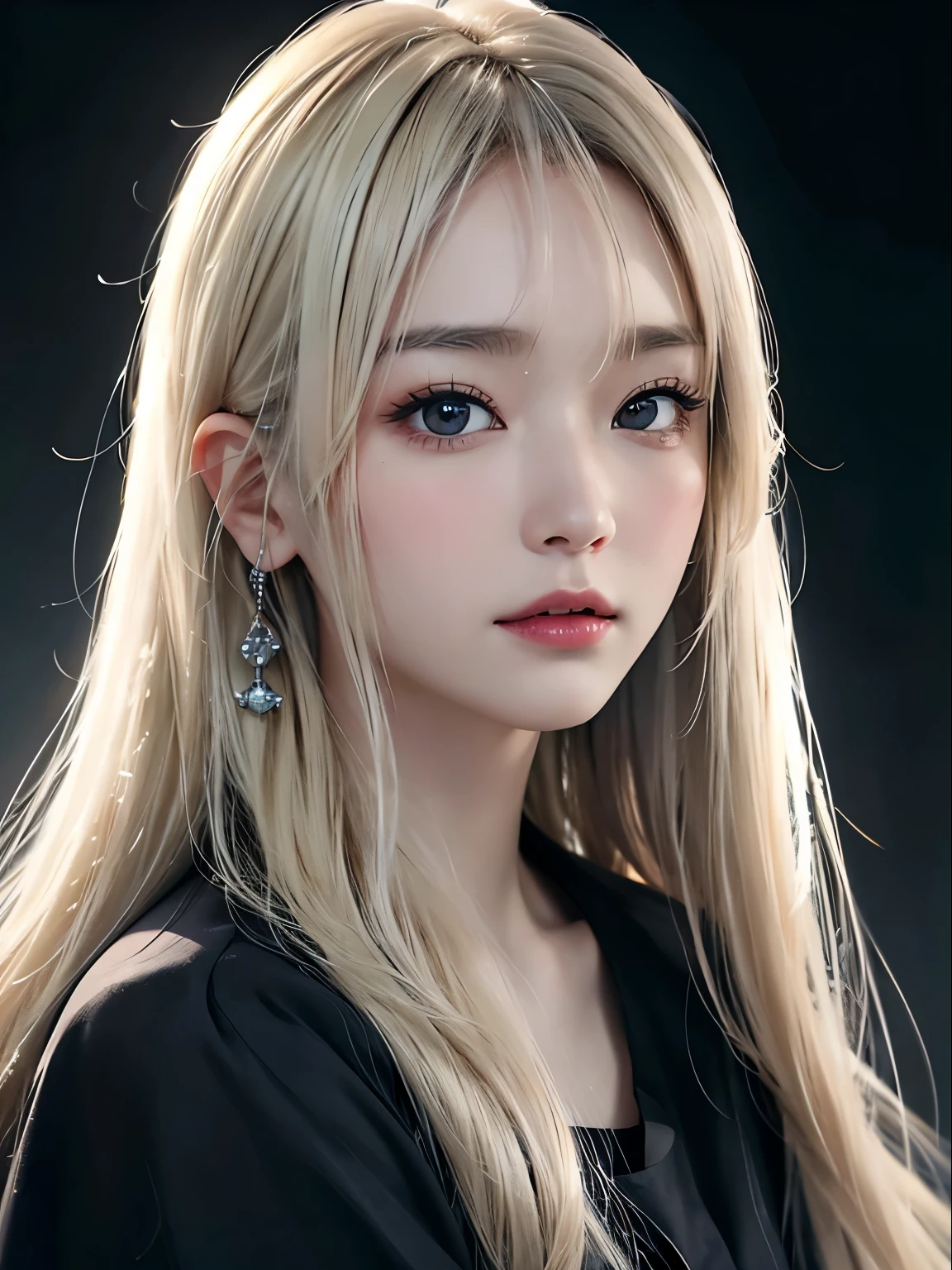 浅笑、natta、Raw photography、(((Portrait of extreme beauty)))、((glistning skin))、1人、11 autiful girl in Prague、Black eyes、((Bright platinum blonde hair))、[Black eyes]、Glossy glossy skin、Silky long straight hair、eye liner、Long bangs、The hair between the eyes is hanging down、((​masterpiece、最hightquality、ultra-detailliert、Film Light、intricate-detail、hight resolution、8K、ighly detailed))、细致背景、8K UHD、Digital SLR、Soft light、hightquality、Film grain、FujifilmXT3 、Shallow depth of field、natural soft light、（No hands）、Kamimei、Sareme、