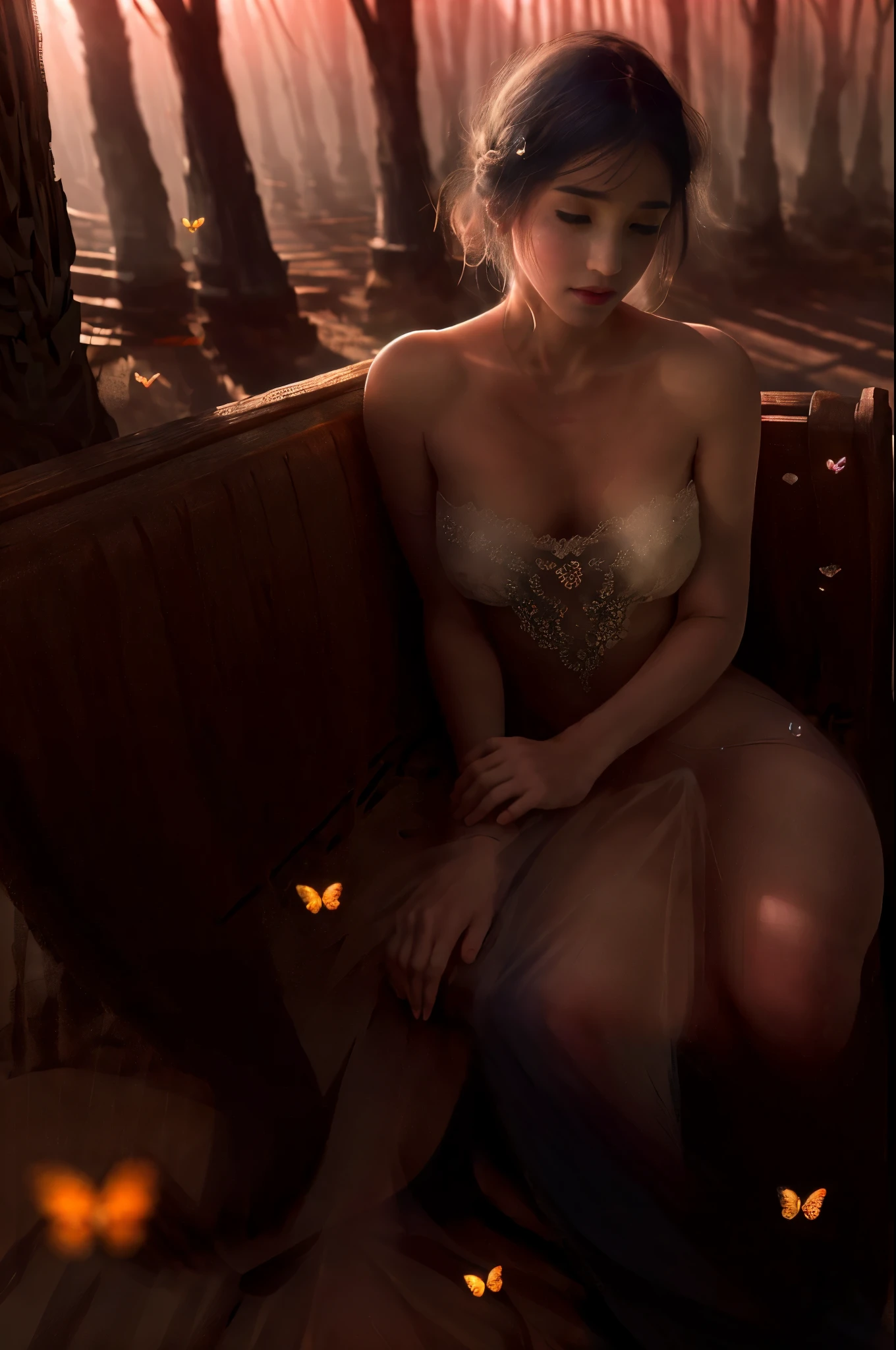 (best quality, highres), young lynn collins, vibrant colors, natural sunlight, peaceful garden, blooming flowers, soft breeze, serene expression, shy smile, gentle posture, greenery, tranquil atmosphere, translucent butterfly, detailed lace texture, vintage wooden bench, scattered fallen leaves, radiant aura, ethereal beauty.