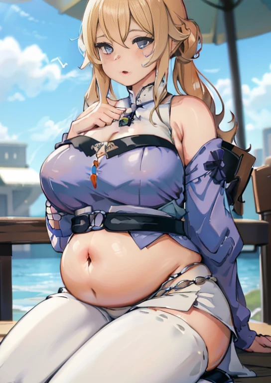 (masterpiece, best quality), 1girls, big belly, blurry background, huge belly, art by kipteitei, round belly, chubby, curvy, white button-up shirt, skirt, thighhighs, simple_background, gradient_background, belly bursting out of shirt, belly grab, enormous belly, fat belly, thicc, bigger belly, sitting on chair, really big belly, jiggly belly, shirt covering belly, belly cover by shirt